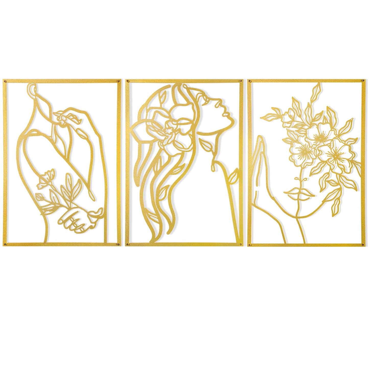 AGIOTA 3 Pcs Gold Metal Wall Decor, Minimalist Floral Women Line Drawing Wall Art, Elegant Abstract Lady Silhouette Metal Wall Hanging for Home Bedroom Living Room