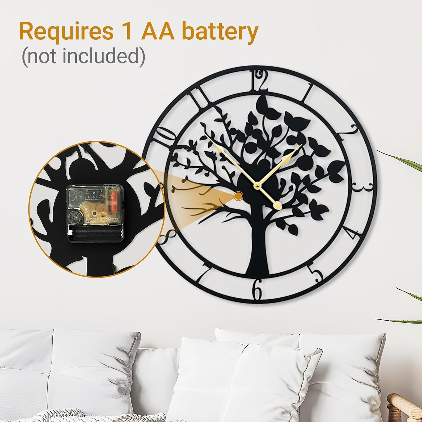 16 Inch Wall Clock, Tree of Life Metal Non Ticking for Living Room