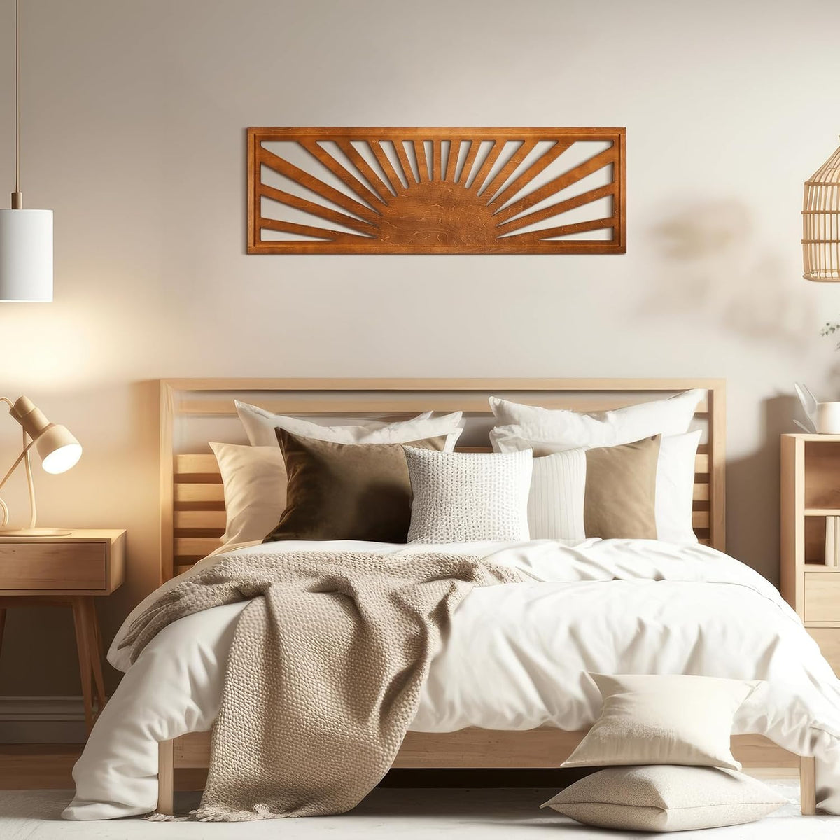 Burbell Horizontal Sun Wall Art 35"x12" Boho Wooden Room Decor,Dark Brown