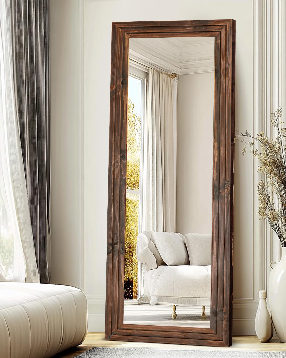 48x16in Oval Full Length Mirror Solid Wood Frame, Brown
