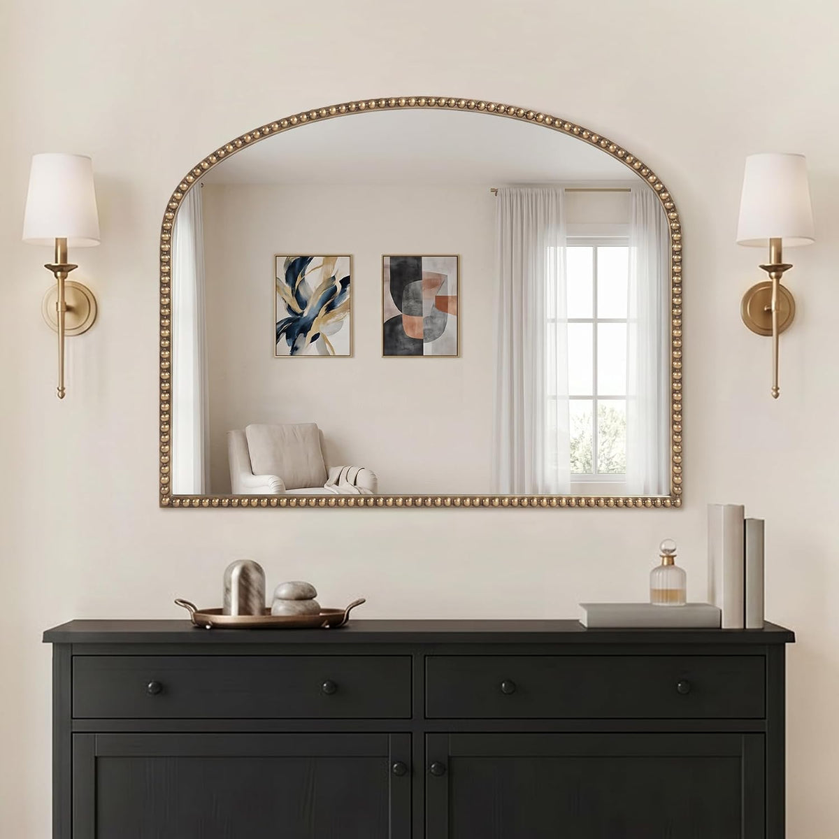 Antique Gold Arched Wall Mirror, 36" x 28" Beaded Mirror