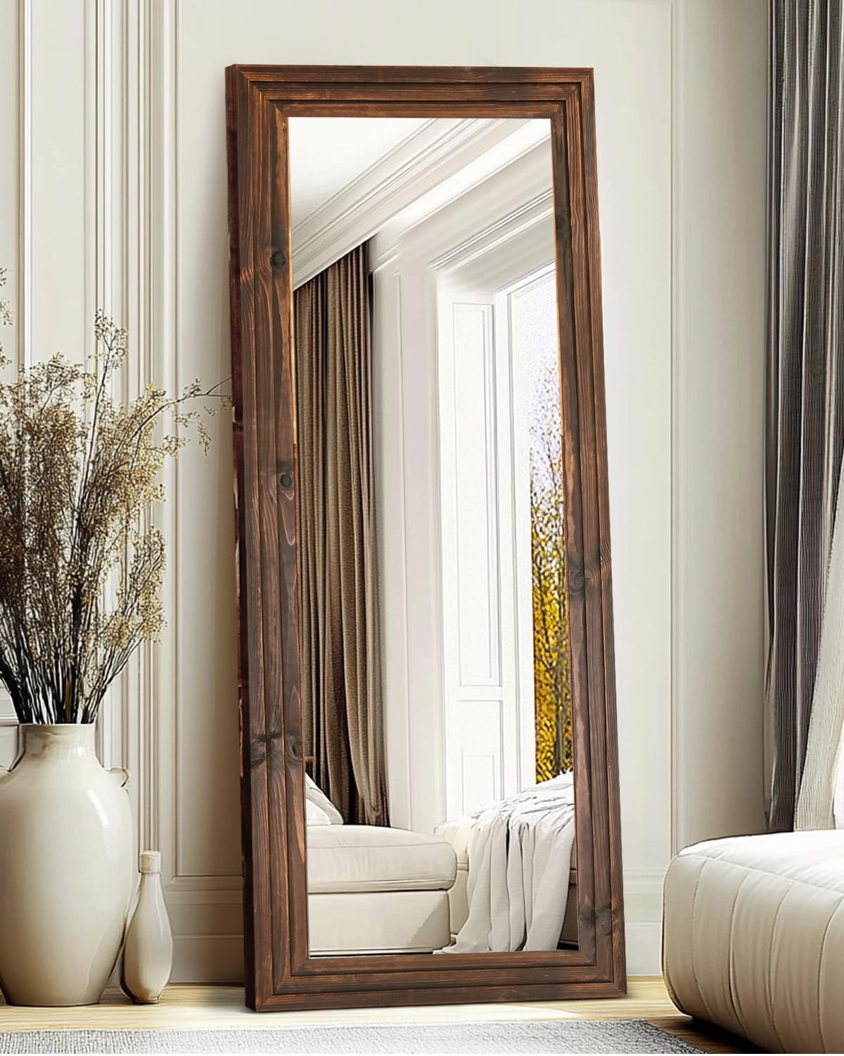 48x16in Oval Full Length Mirror Solid Wood Frame, Brown