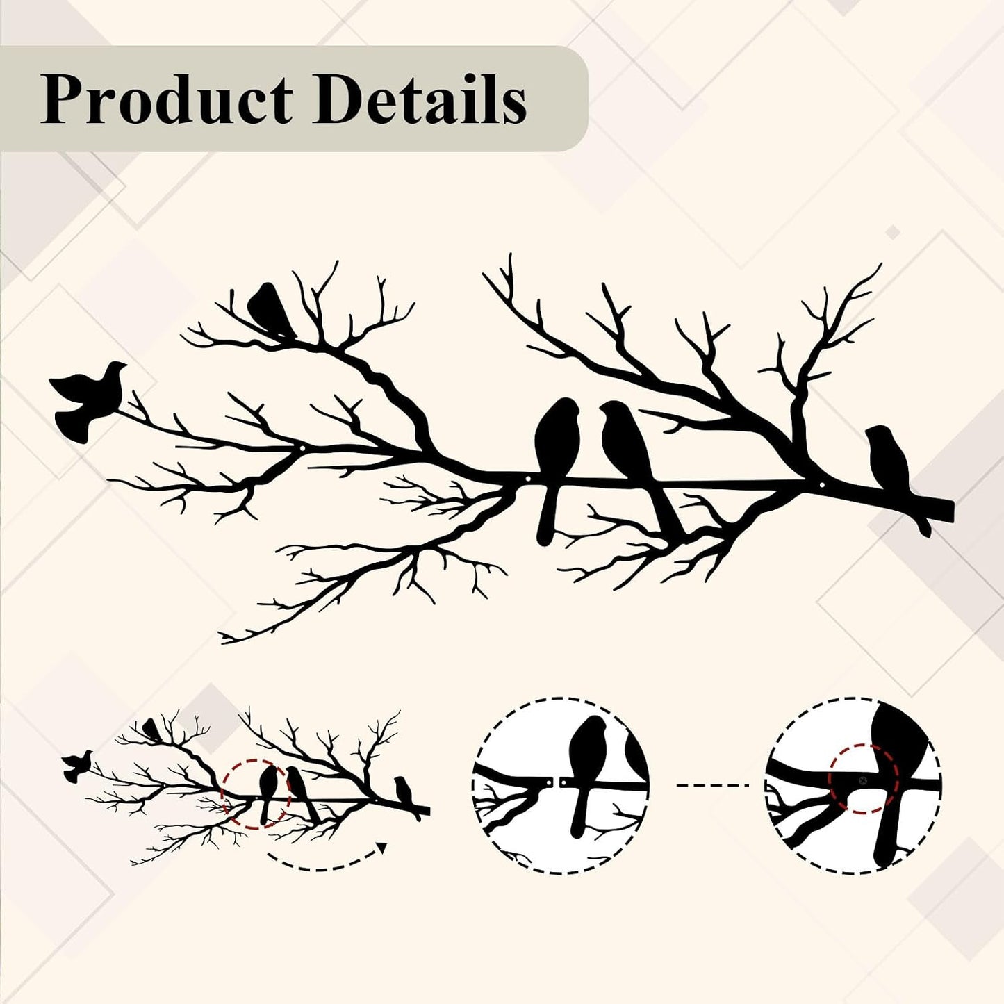 Metal Birds Wall Art, Metal Vivid Birds on Branch Silhouette Wall Decor Black Leaves with Bird Outdoor Hanging Wall Sculpture for Home Balcony Garden(Large)