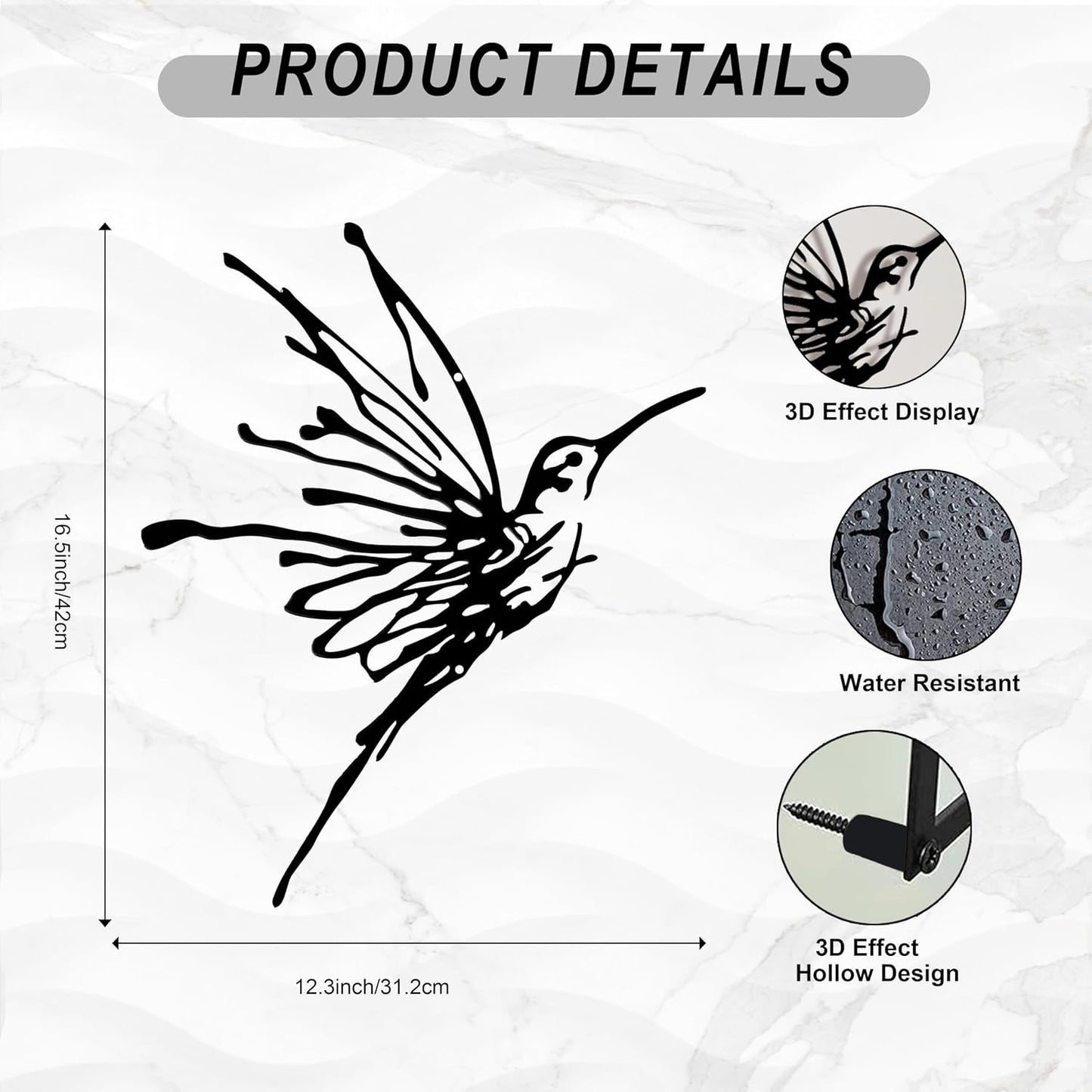 3D Metal Hummingbird Wall Art, Black Outdoor Decor, Waterproof(12.3"x16.5")