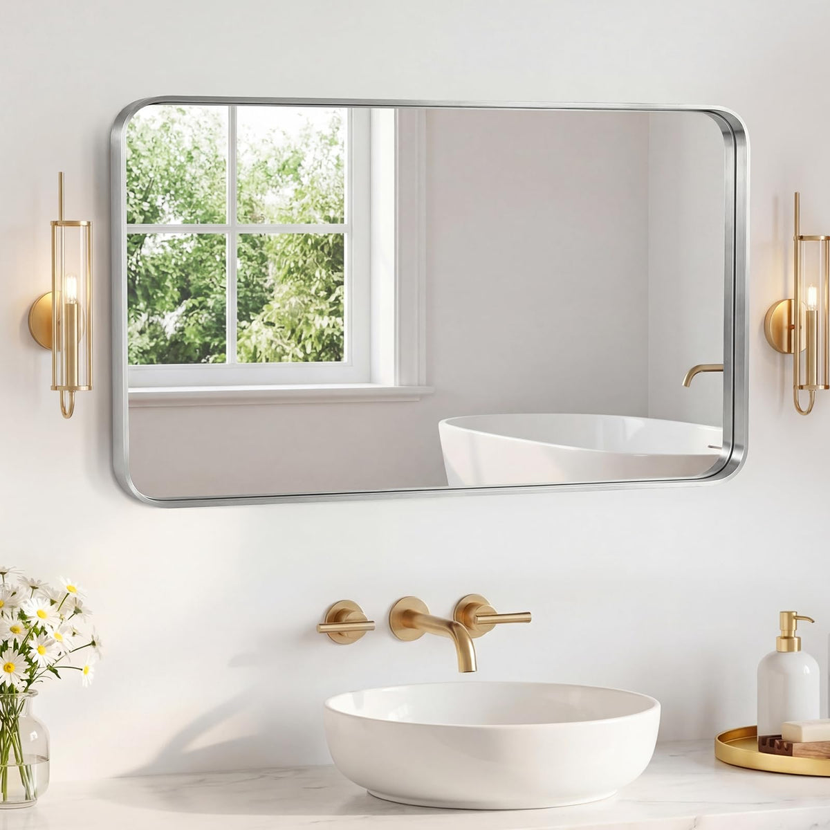 NEWBULIG 20X30 Inch Arched Bathroom Wall Mirror for Over Sink, Gold