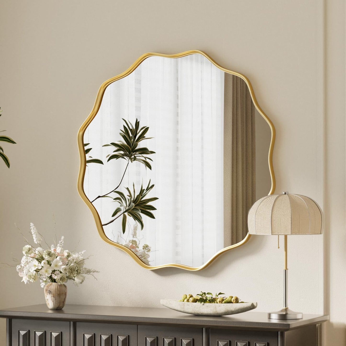 VooBang Black Scalloped Large Circle Mirror, 42" Wavy Round Wall Mirror