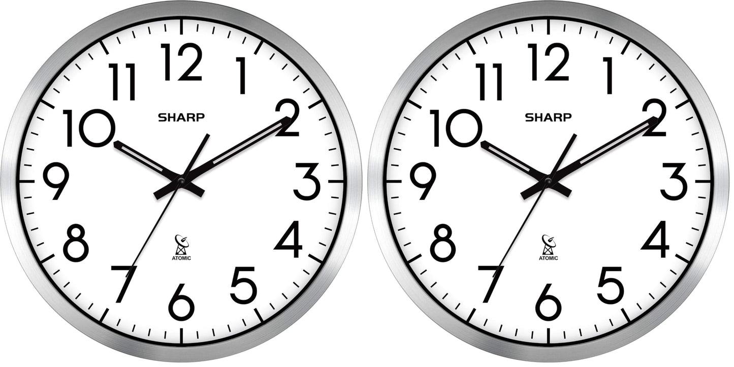Sharp 12-Inch Atomic Wall Clock, Battery Operated, Silver Brushed Finish