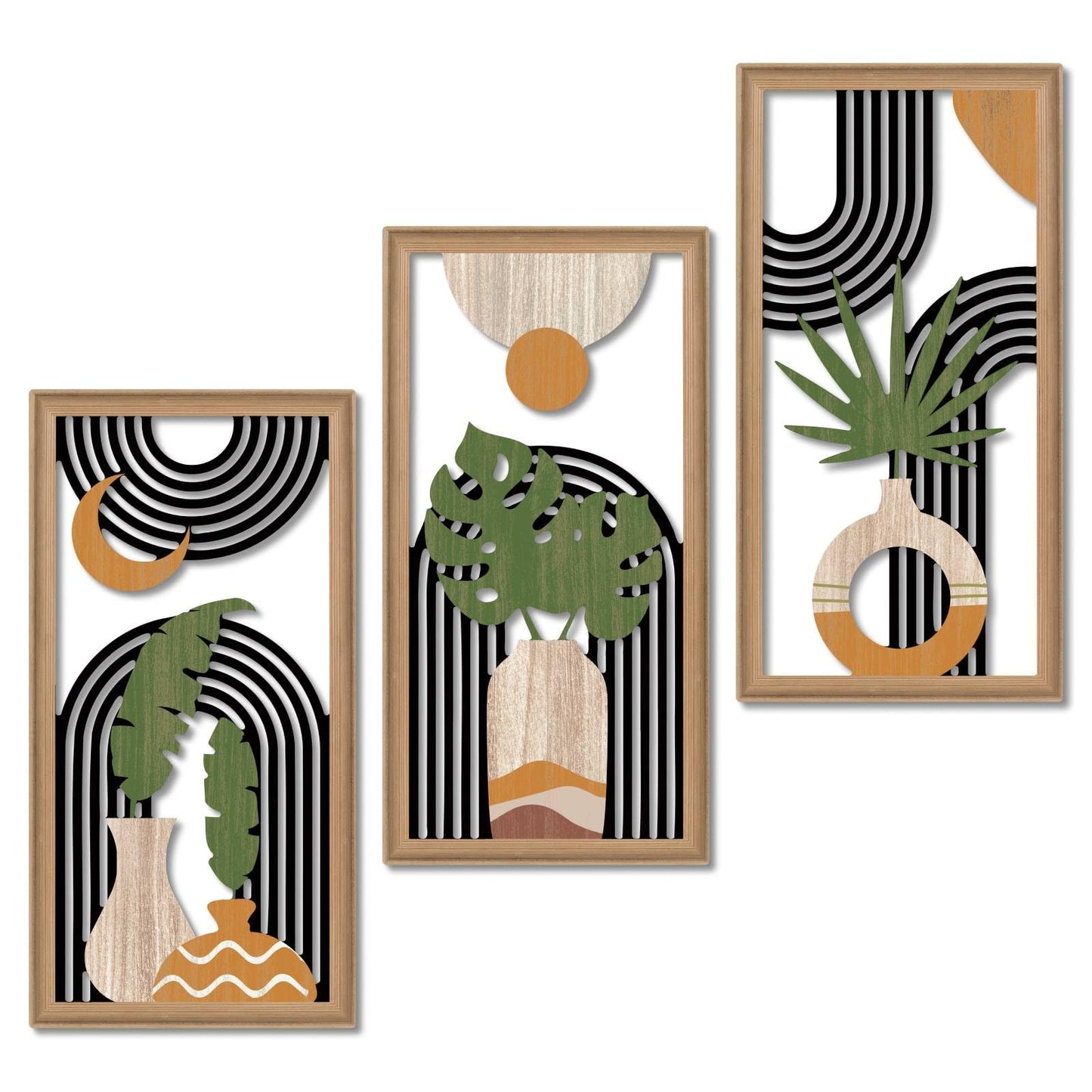 Putuo Decor Boho Mountain Wall Art Set of 3, Rustic Wooden Wall Decor, Nature-Inspired Geometric Artwork, Mid-Century Modern Aesthetic for Living Room, Bedroom, Office Brown 16.5 x 8.6 inch
