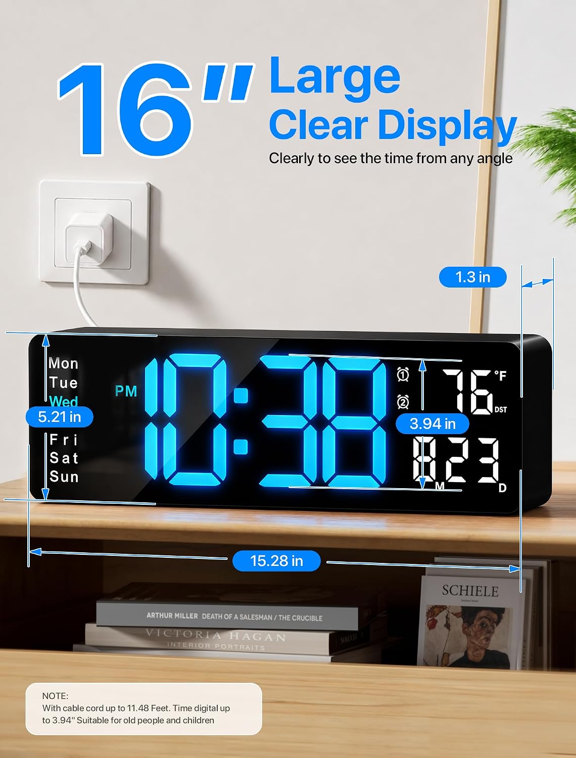 MASHI Digital Wall Clock, 16" Large Display Digital Clock with Remote Control, Auto-Dimming Wall Clock with Night Light, DST, Date Week,Temp for Living Room, Bedroom, Decor, for Elderly