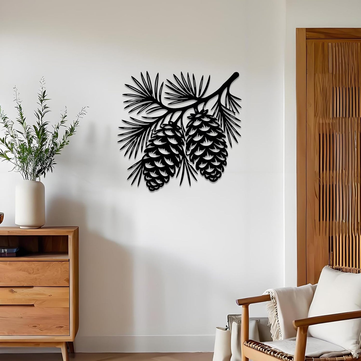 Pine Cones Branch Metal Wall Art Metal Outdoor Decor Metal Signs Wall Art Decor Rustic Farmhouse Artwork Metal Sculpture Stunning Home Decoration for Living Room Bedroom Apartment Office Garden (Black,12 Inches)