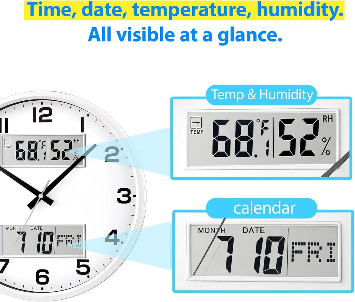 13" White Battery Powered Silent Wall Clock with Calendar Temperature and Humidity H-7326