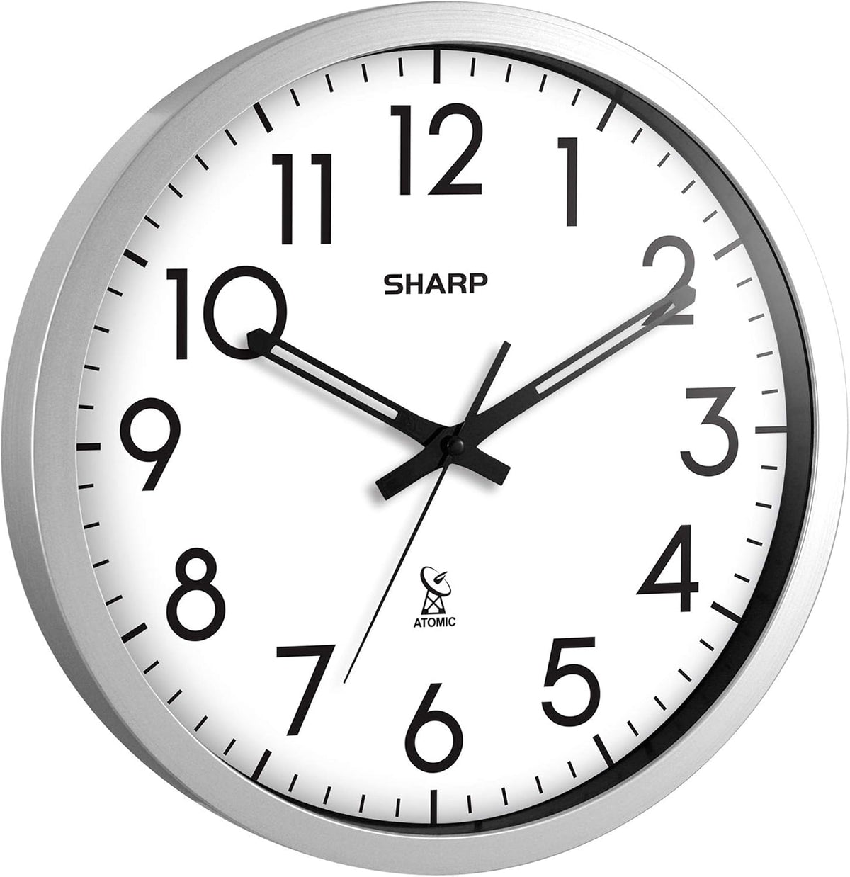 Sharp 12-Inch Atomic Wall Clock, Battery Operated, Silver Brushed Finish