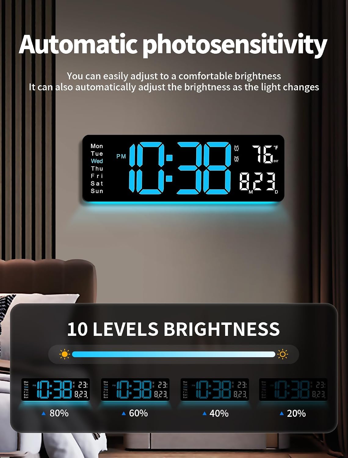 MASHI Digital Wall Clock, 16" Large Display Digital Clock with Remote Control, Auto-Dimming Wall Clock with Night Light, DST, Date Week,Temp for Living Room, Bedroom, Decor, for Elderly