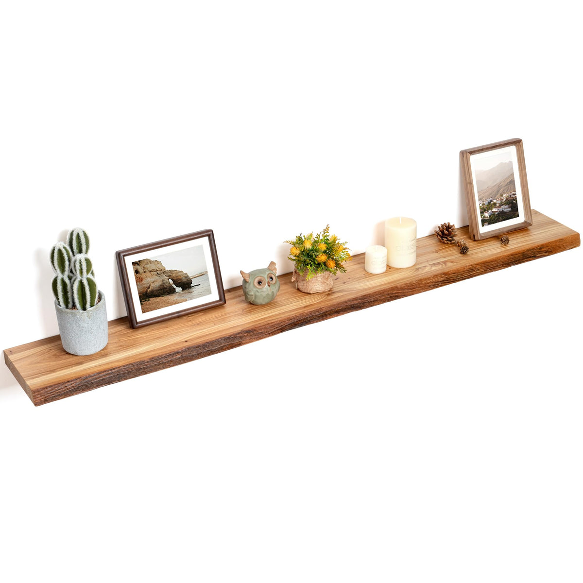Floating Shelves for Wall Decor, Rustic Solid Elm Wood Live Edge Floating Shelves Wall Mounted, Wall Shelves with Invisible Bracket for Living Room Bathroom Bedroom Kitchen, 24 Inch Set of 2, Natural