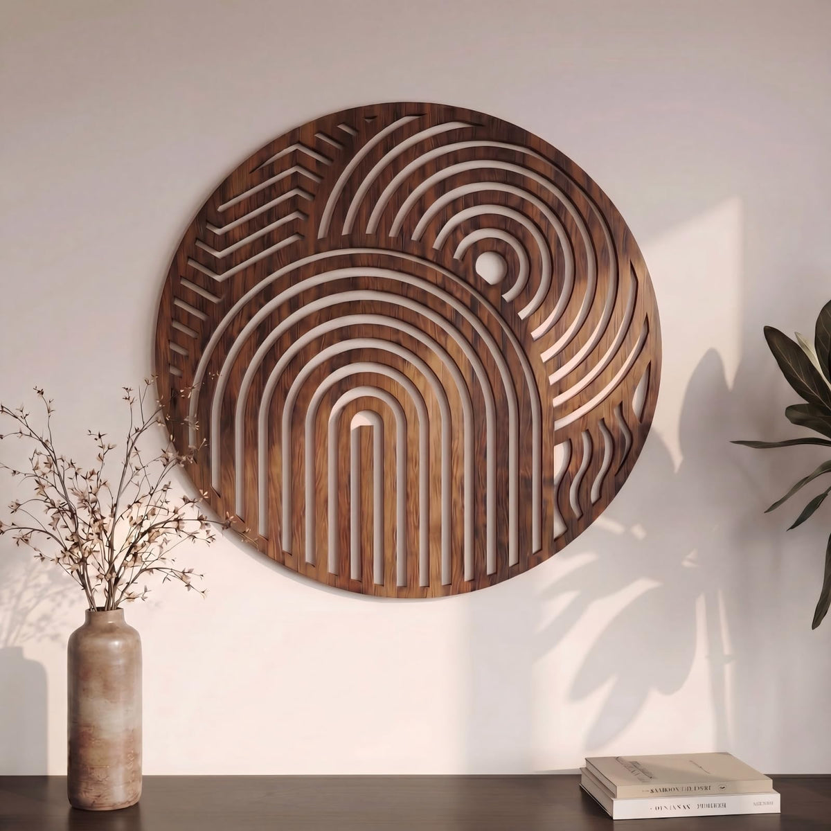Yerliker Mcm Decor Mid Century Modern Wood Wall Art Small Walnut Geometric Wall Sculpture 11.81 Inch Boho Minimalist Abstract Panel Decor for Living Bedroom, Office, Entryway(Circular)