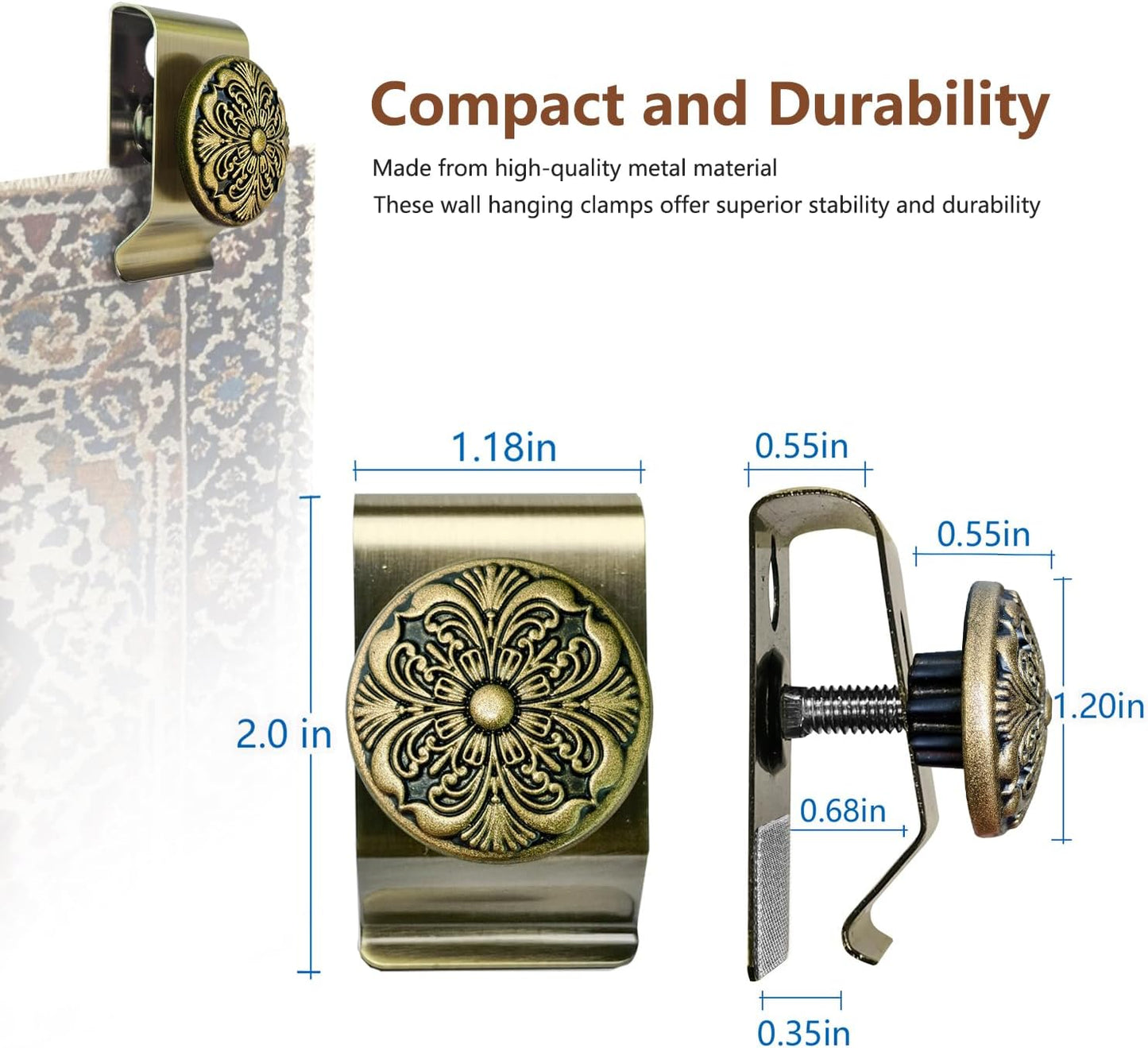 Tapestry Wall Hanging Clamps 4 Pack 1.2x2.0 Textile Art Decoration Hangers Metal Clips for Hanging Rugs Carpet Display (Bronze)
