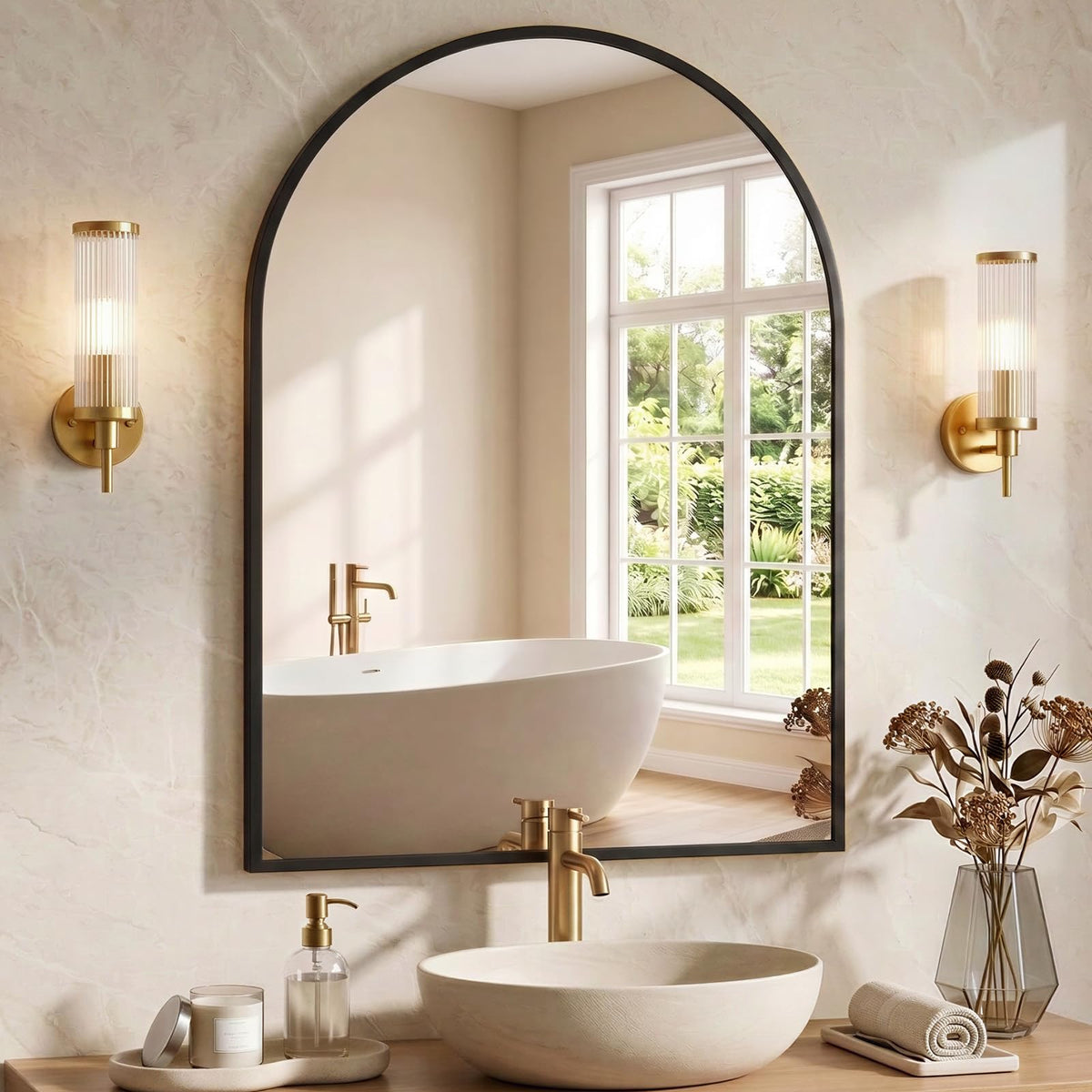NEWBULIG 20X30 Inch Arched Bathroom Wall Mirror for Over Sink, Gold