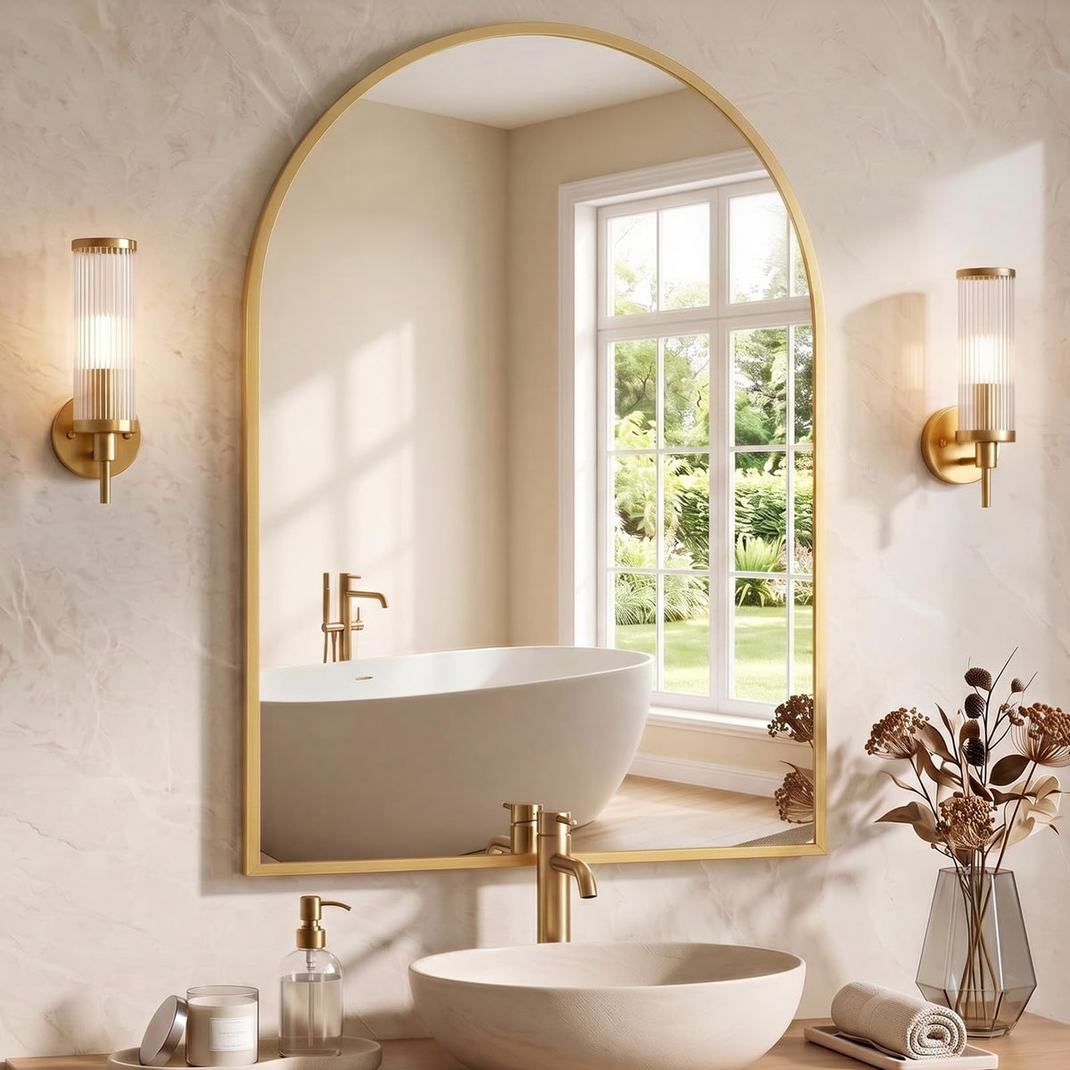 NEWBULIG 20X30 Inch Arched Bathroom Wall Mirror for Over Sink, Gold