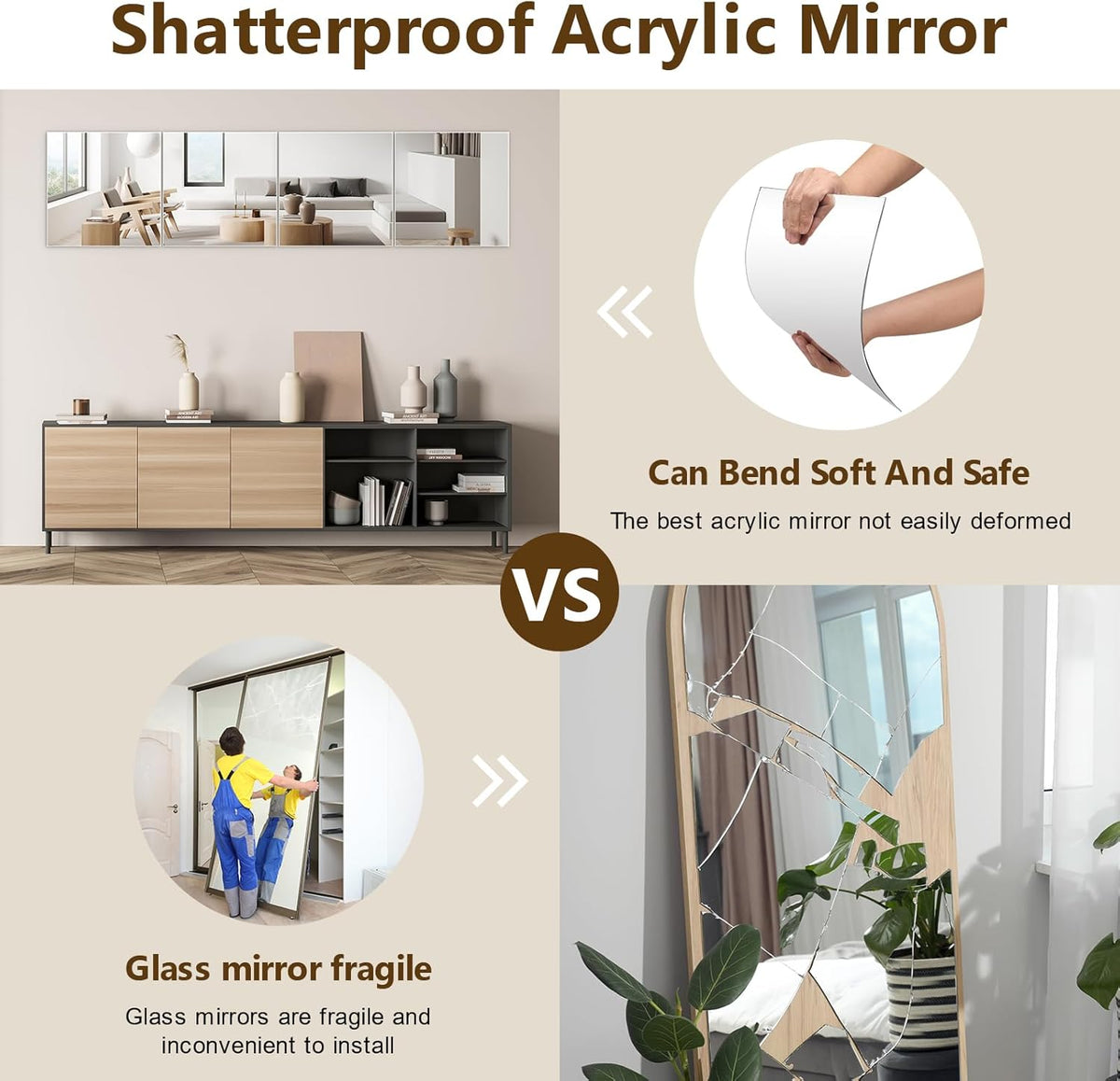 Shiftshade 4 Pack Wall Mirror Full Length, 12 x 12 Inch Acrylic Mirror Tiles, Shatterproof Flexible Plastic Mirror Sheets for Bedroom Home Gym Door