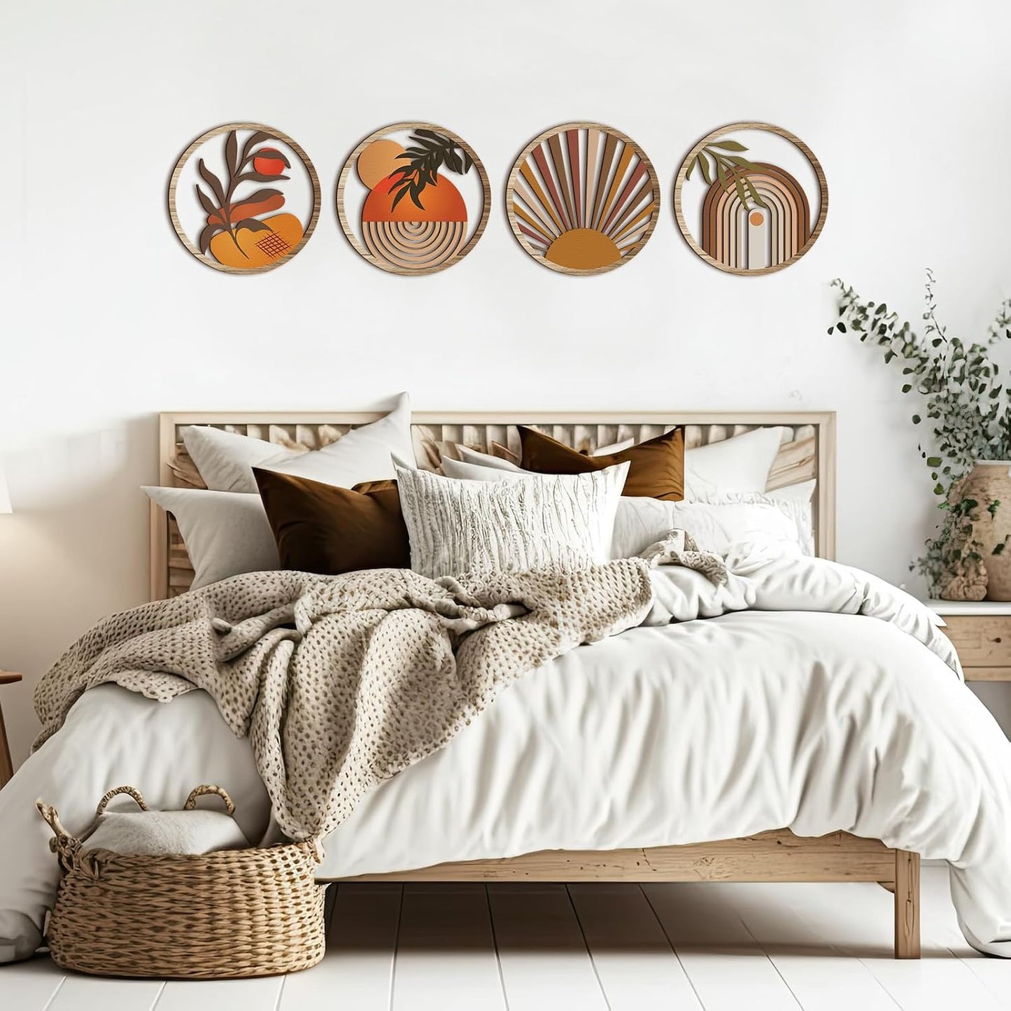 Qunclay 4 Pcs Boho Wall Art Bohemian Wood Round Circle Wall Decor Stylish