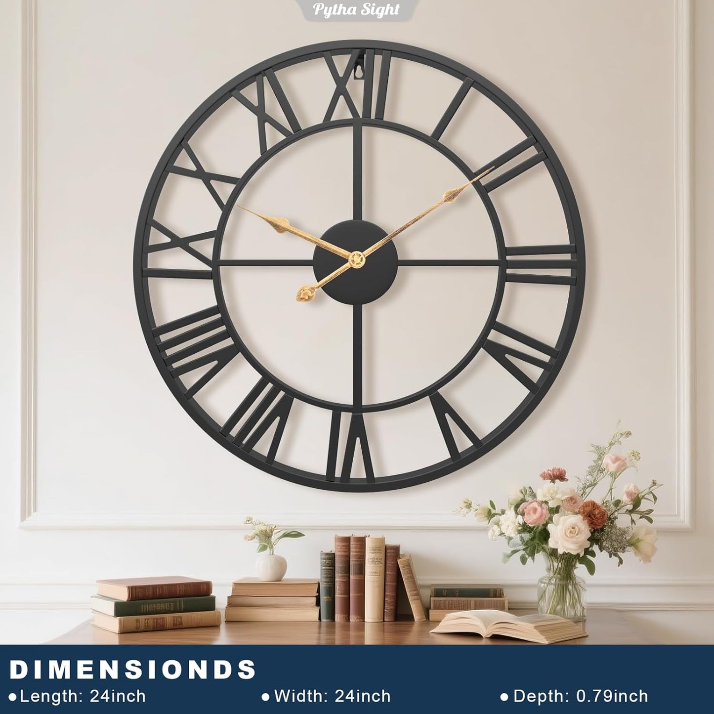Pytha Sight 24 Inch Roman Numerals Large Wall Clocks for Living Room Decor