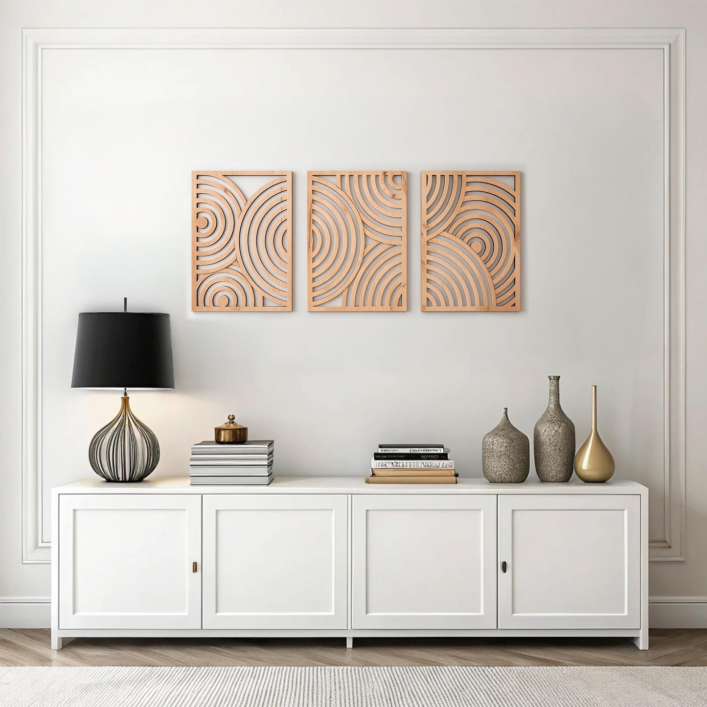 qmmp Modern Wooden Wall Sculptures - Set of 3 - Home Decor Accent - Large Wall Art for Living Room, Bedroom, Office - Easy Installation (Walnut, Medium - Mountain and Sun)