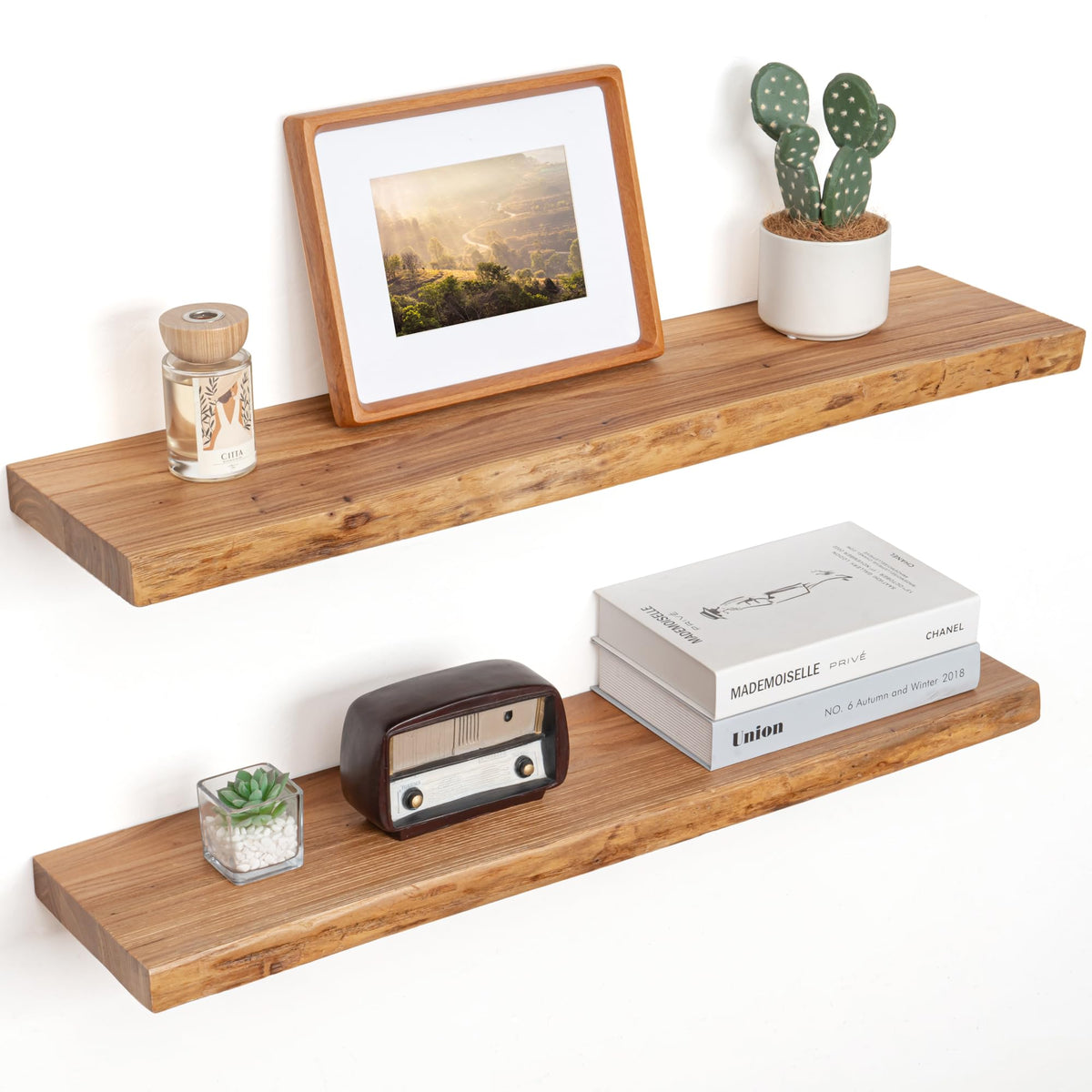 Floating Shelves for Wall Decor, Rustic Solid Elm Wood Live Edge Floating Shelves Wall Mounted, Wall Shelves with Invisible Bracket for Living Room Bathroom Bedroom Kitchen, 24 Inch Set of 2, Natural