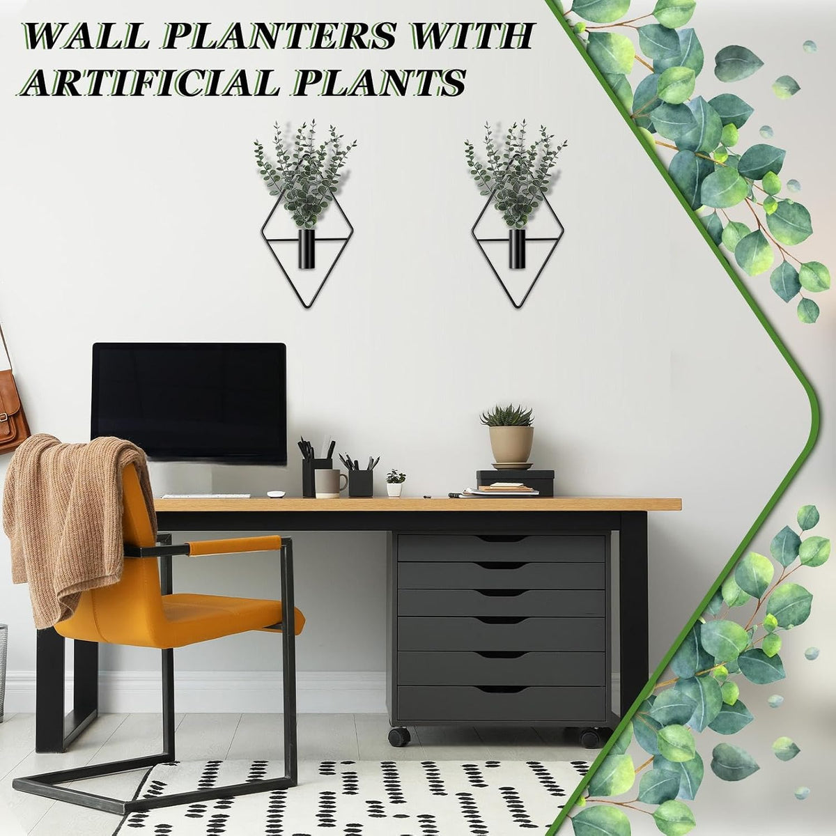 Jexine 4 Pcs Hanging Artificial Planters Wall Decor, Black, Eucalyptus