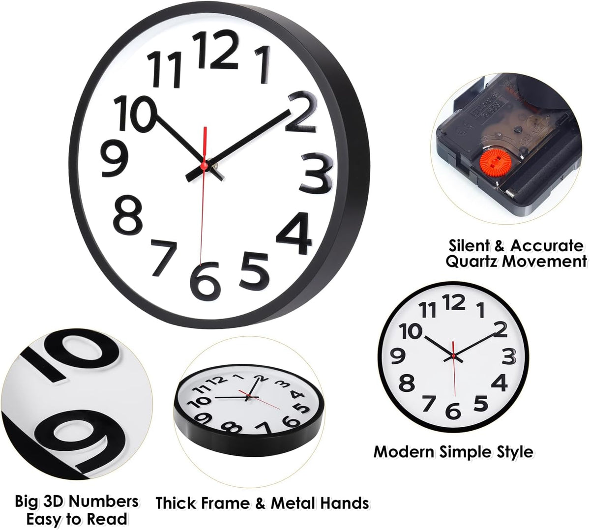 Wall Clock 12 Inch Silent Non-Ticking Big Numbers Easy to Read Wall Clocks Decorative for Office School Bedroom Home