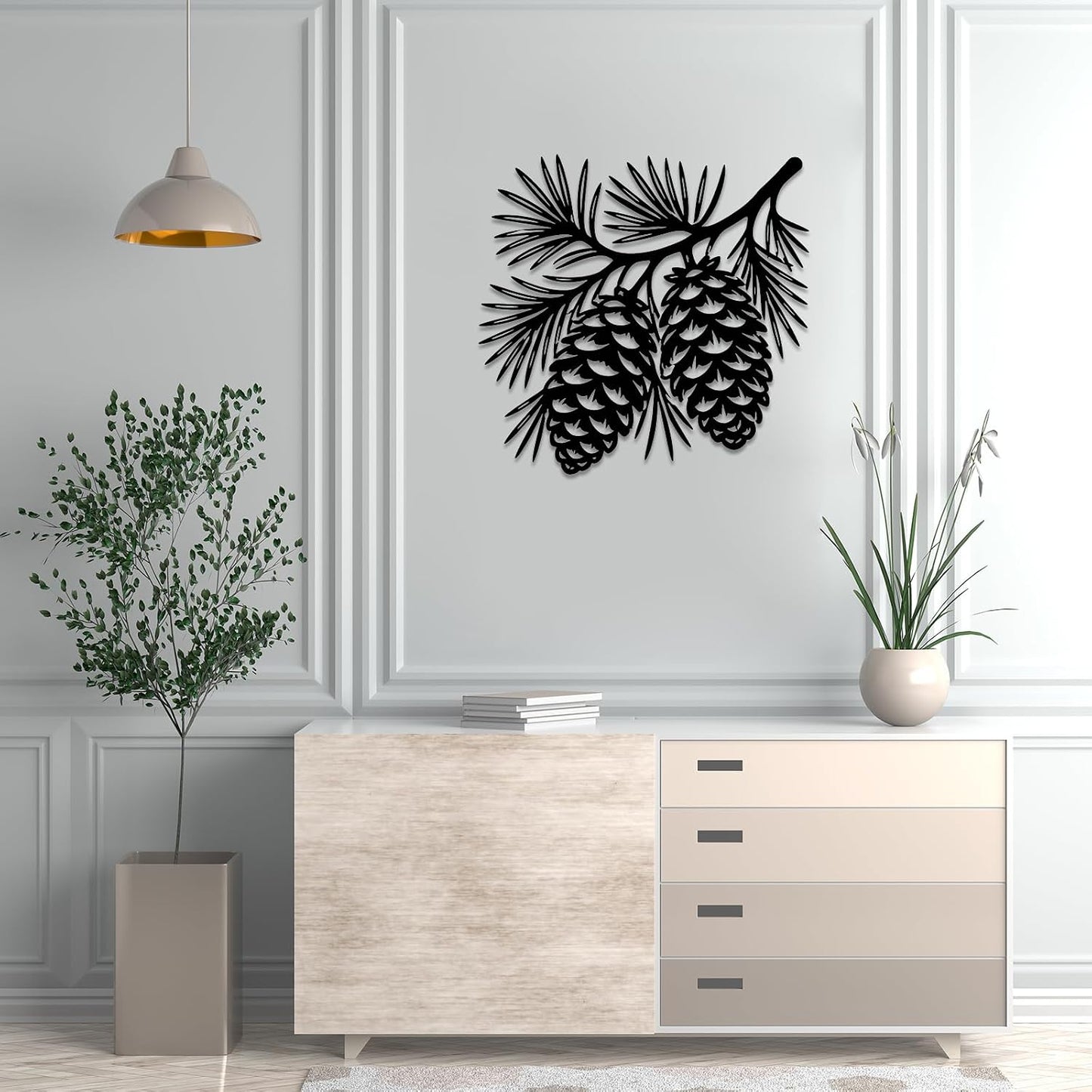 Pine Cones Branch Metal Wall Art Metal Outdoor Decor Metal Signs Wall Art Decor Rustic Farmhouse Artwork Metal Sculpture Stunning Home Decoration for Living Room Bedroom Apartment Office Garden (Black,12 Inches)