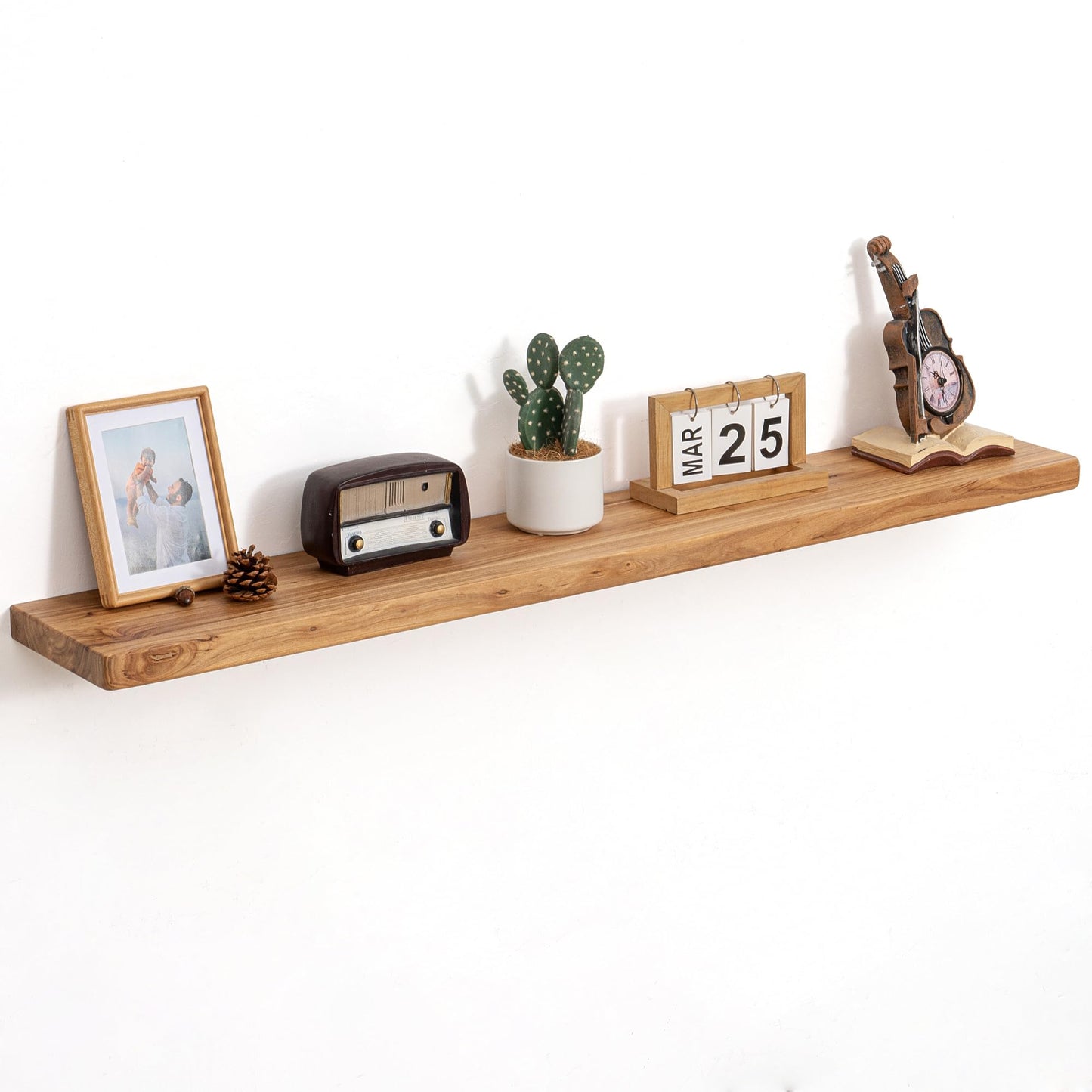 Floating Shelves for Wall Decor, Rustic Solid Elm Wood Live Edge Floating Shelves Wall Mounted, Wall Shelves with Invisible Bracket for Living Room Bathroom Bedroom Kitchen, 24 Inch Set of 2, Natural