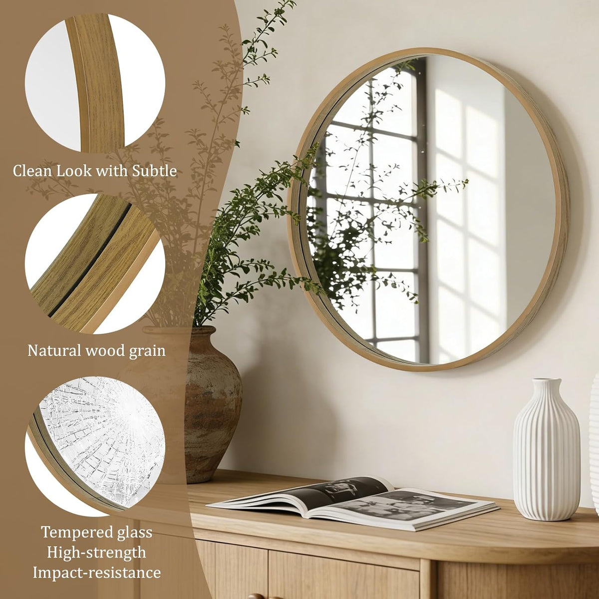 WallBeyond Round Wood Mirror 24 inch Circle Wall Mirror for Bathroom Round Wall Mirror for Wall Decor, Vanity, Entryway Living Room (Natural)