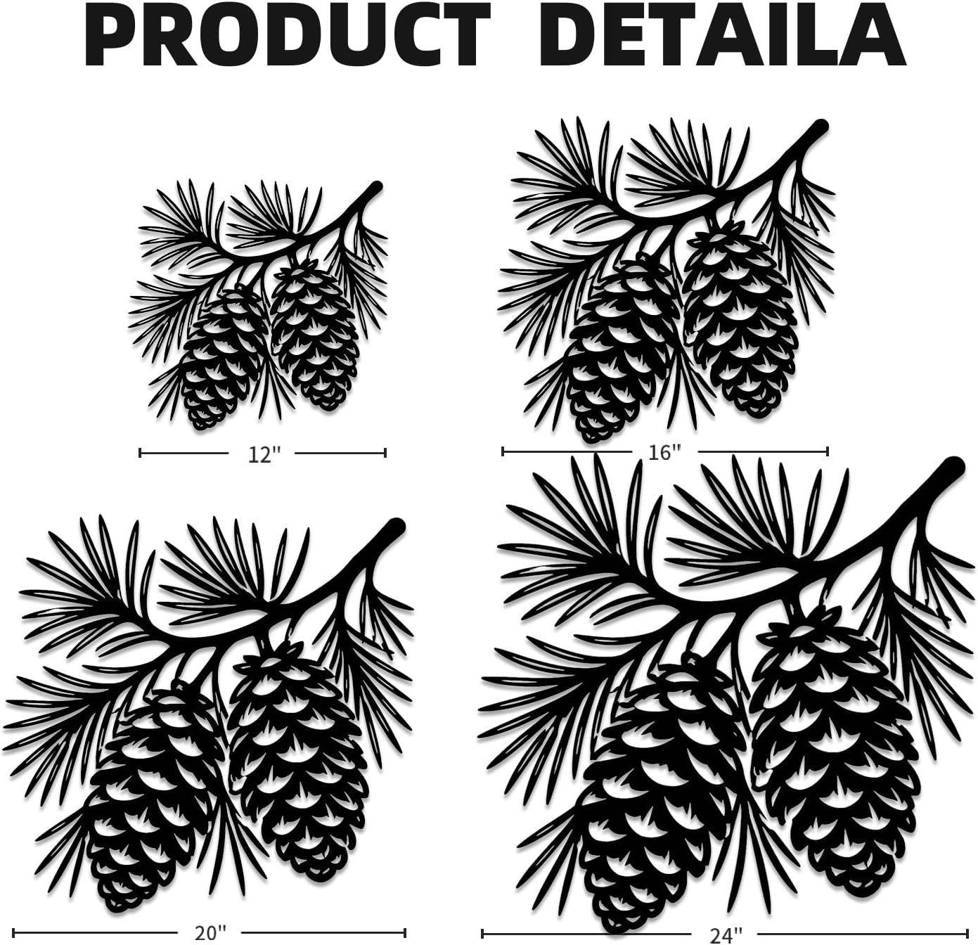 Pine Cones Branch Metal Wall Art Metal Outdoor Decor Metal Signs Wall Art Decor Rustic Farmhouse Artwork Metal Sculpture Stunning Home Decoration for Living Room Bedroom Apartment Office Garden (Black,12 Inches)