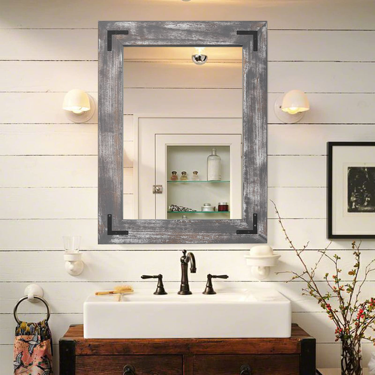 YOSHOOT Rustic Wooden Framed Wall Mirror, Natural Wood Bathroom Vanity Mirror for Farmhouse Decor, Vertical or Horizontal Hanging (26" x 18", Brown)