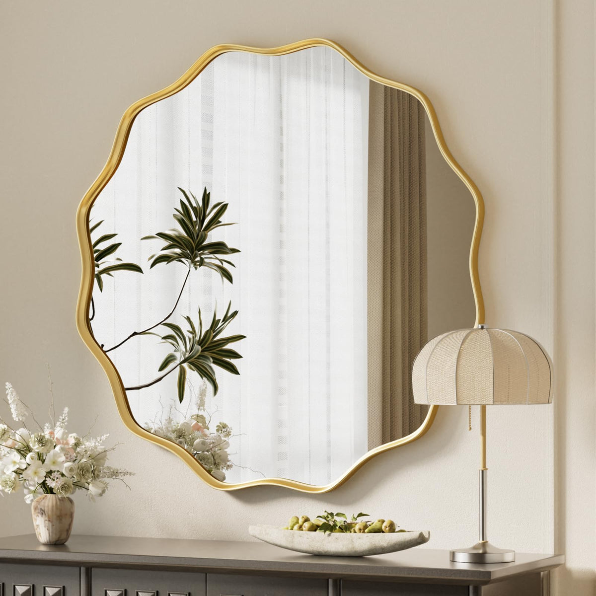 VooBang Black Scalloped Large Circle Mirror, 42" Wavy Round Wall Mirror