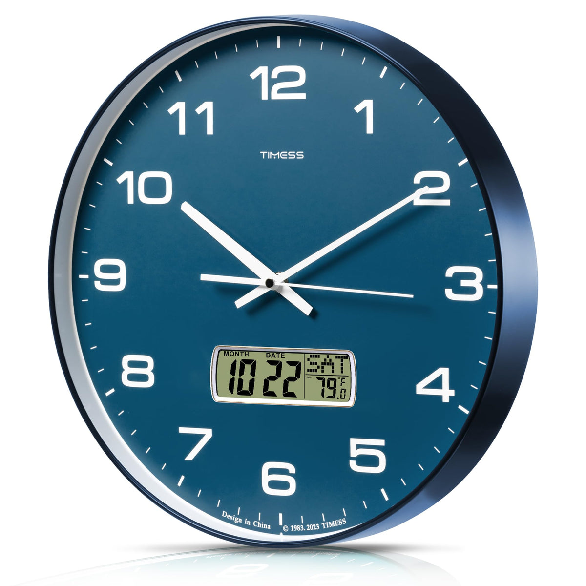 TIMESS Wall Clock, 10" Dial Non-Ticking Silent Battery Operated Analog with LCD Display for Perpetual Calendar and F° Temperature, Ideal Modern Home, Bedroom, Kitchen, Office Decor (Black)