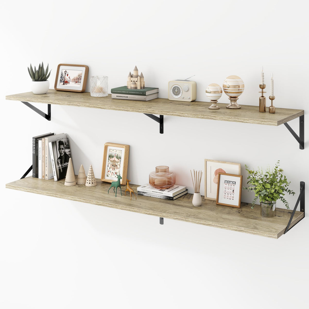 Acovy Deep Floating Shelves Wall Mounted, 36"x12" Black Wall Shelves with Brackets Set of 2 for Bedroom, Living Room, Bathroom, Kitchen, Office - Storage & Display Shelf for Decor, Books, Plants