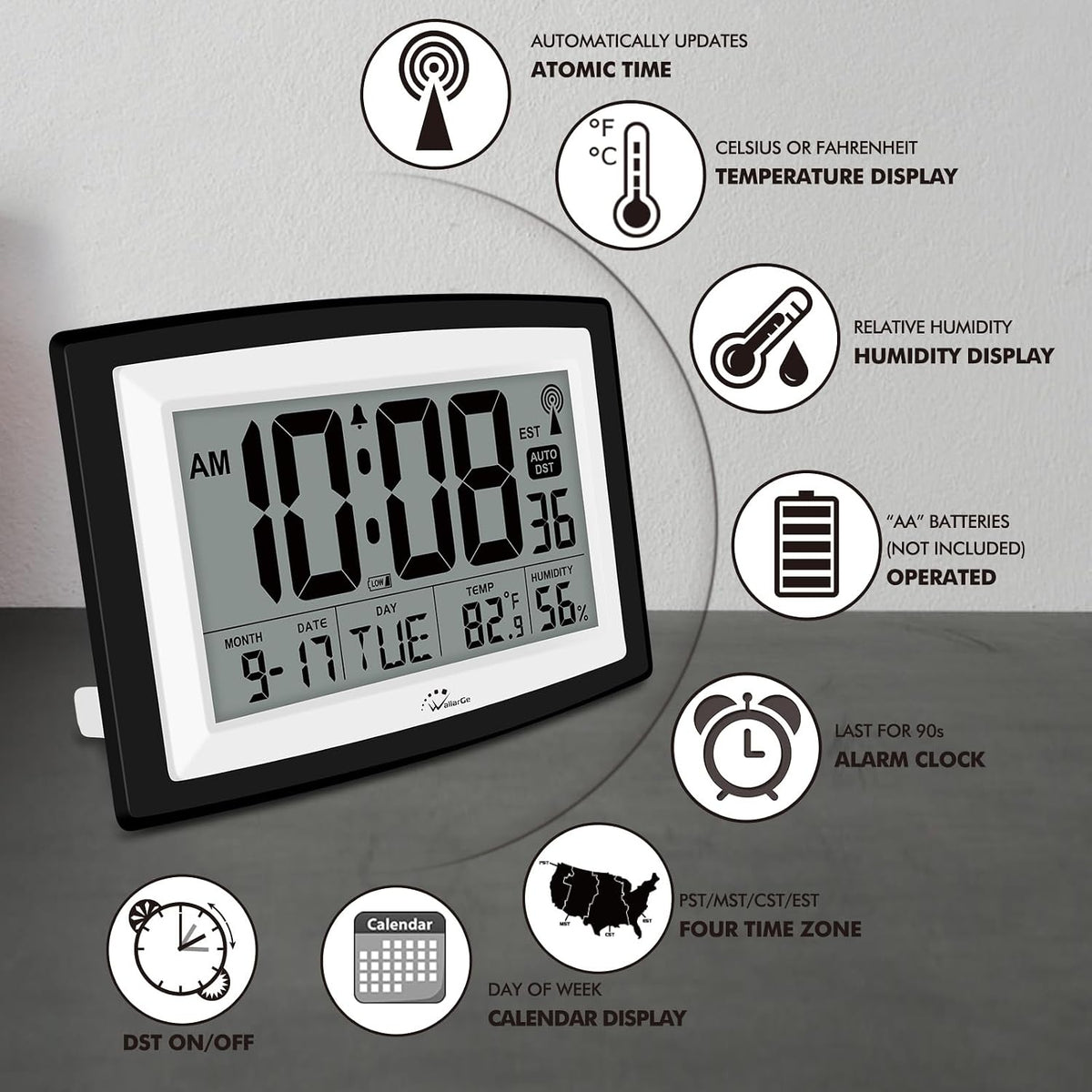 WallarGe 12.5 Inch Atomic Clock with Indoor Temperature and Humidity