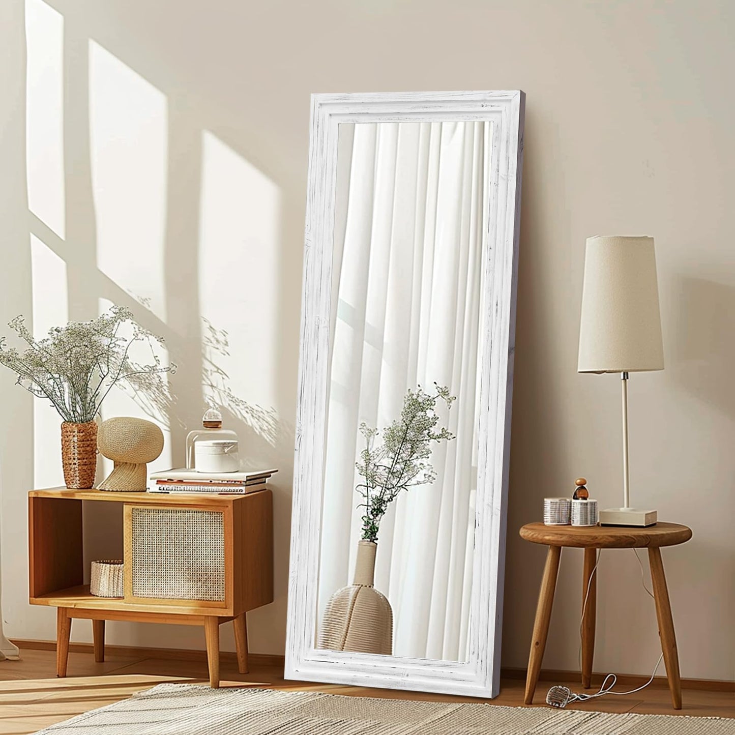 48x16in Oval Full Length Mirror Solid Wood Frame, Brown