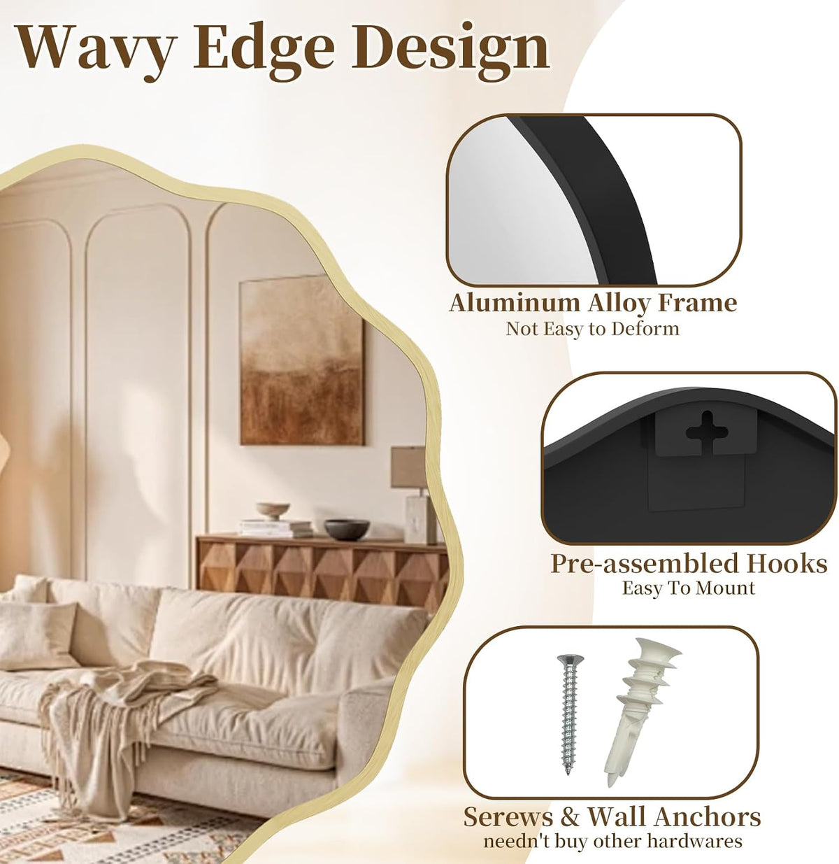 HOMECOOKIN 24" Wavy Round Wall Mirror, Gold Scalloped Circle Mirror Edge Round with Metal Frame, Modern Decorative Hanging/Leaning Mirrors for Bathroom, Hotels, Hallway, Entryway, Vanity, Office