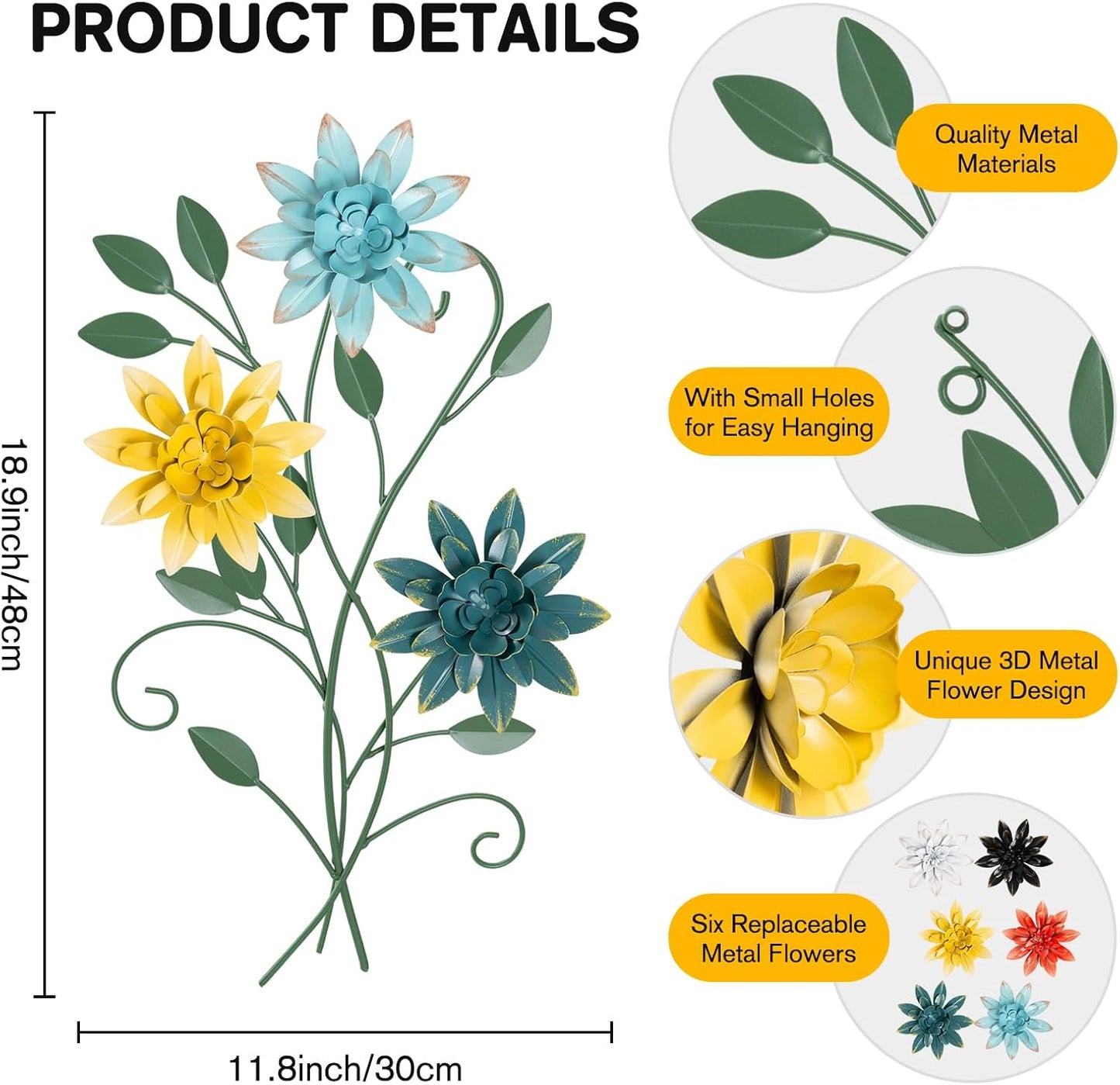 KHJCXS 19"×12" Metal Flower Leaf Wall Art with 6 Piece Interchangeable Flowers, Modern Rustic Iron Artwork Hanging Decor, for Home Bedroom Living Room Dining Room Kitchen Office