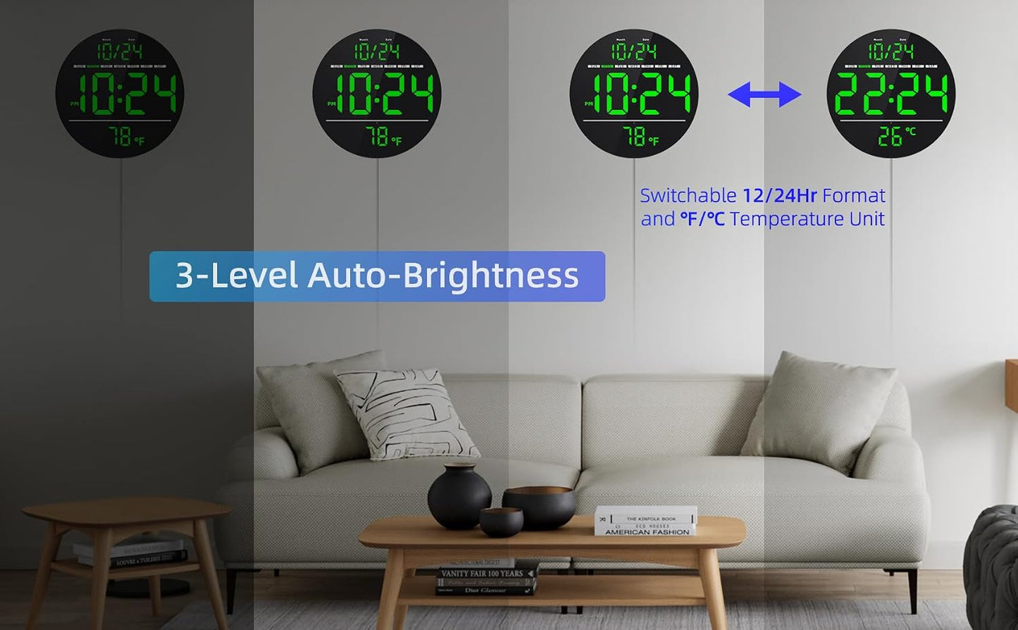 Digital Wall Clock with Large LED Display, Date, Temperature, Auto-Brightness | Small [PLUG-IN] Clock | Modern Electric Wall Clock for Bedroom, Classroom, Living Room, Home, Office, Farmhouse – Green