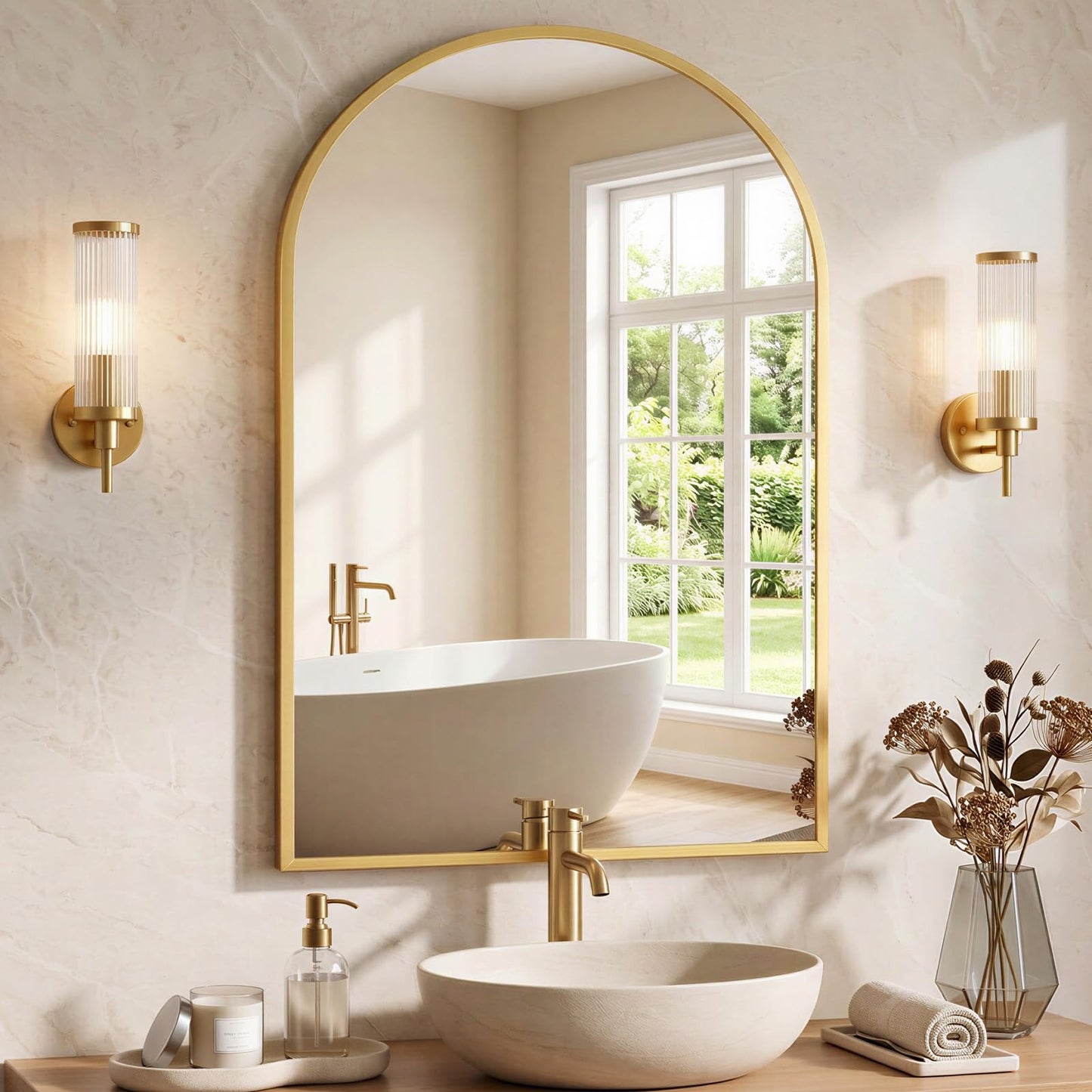 NEWBULIG 20X30 Inch Arched Bathroom Wall Mirror for Over Sink, Gold
