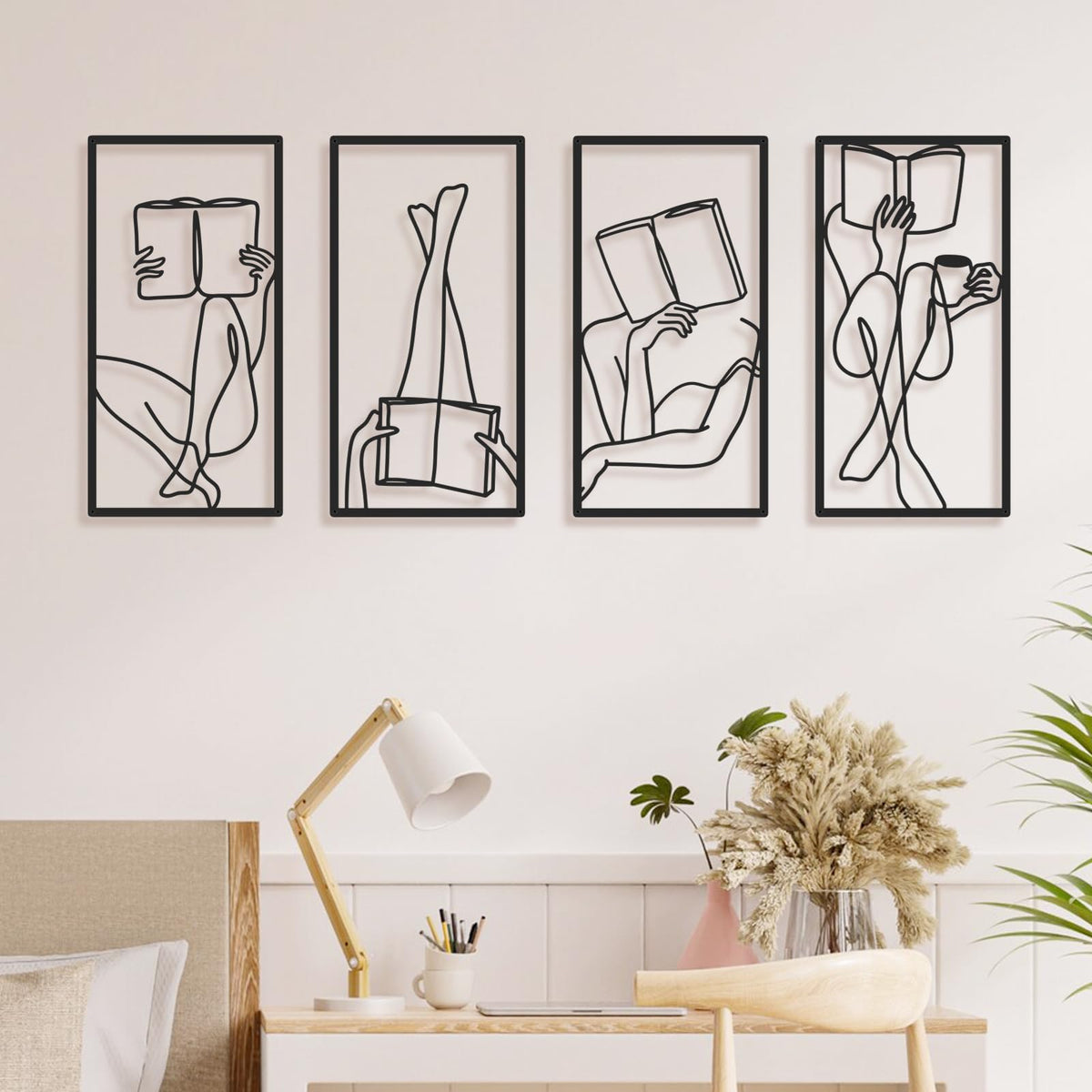 Black Metal Abstract Wall Art, Minimalist Woman Flower Bathroom Wall Decor