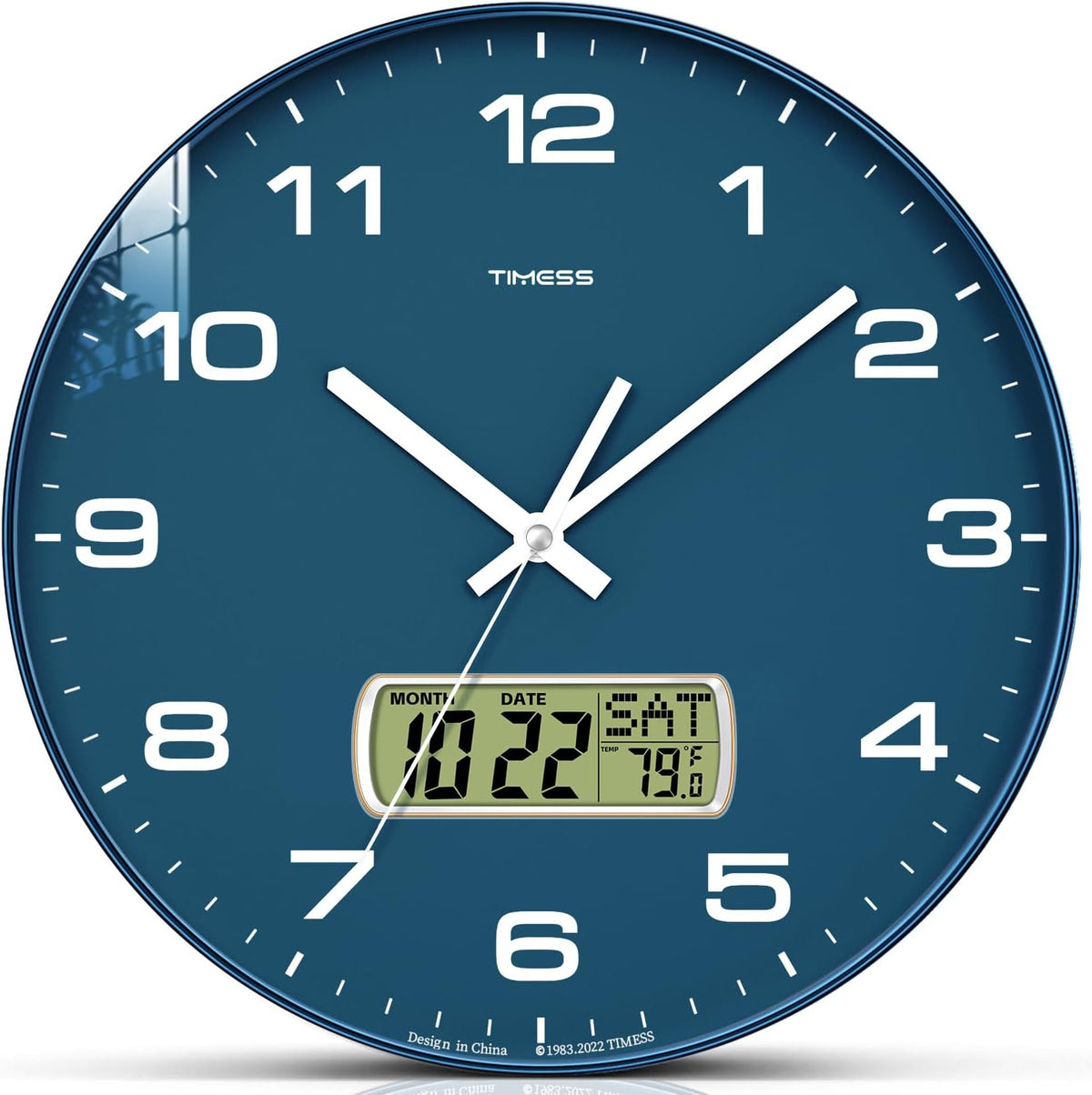 TIMESS 10-Inch Non-Ticking Analog Wall Clock with LCD Display, Blue