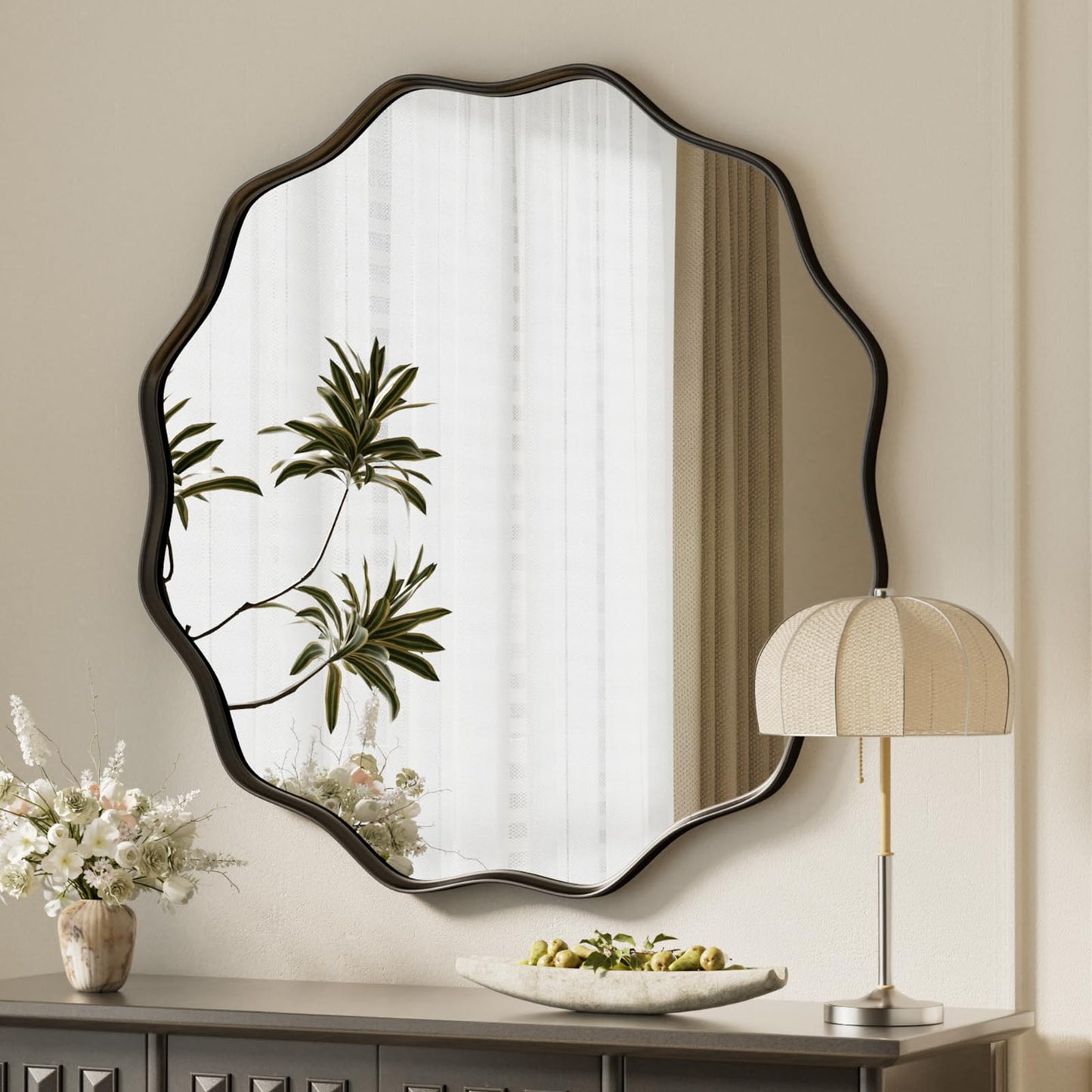 VooBang Black Scalloped Large Circle Mirror, 42" Wavy Round Wall Mirror