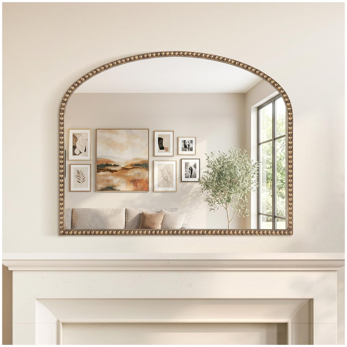 Antique Gold Arched Wall Mirror, 36" x 28" Beaded Mirror