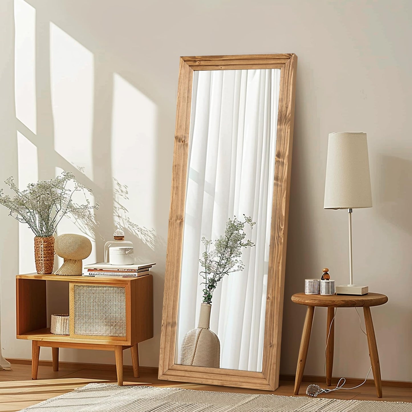 48x16in Oval Full Length Mirror Solid Wood Frame, Brown