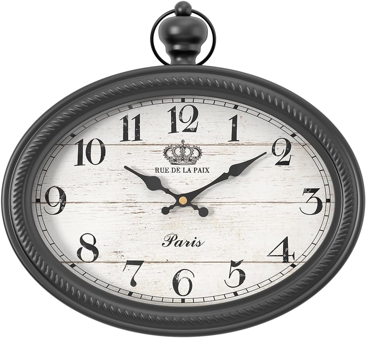 Retro Oval Wall Clock. Black Vintage Antique Style