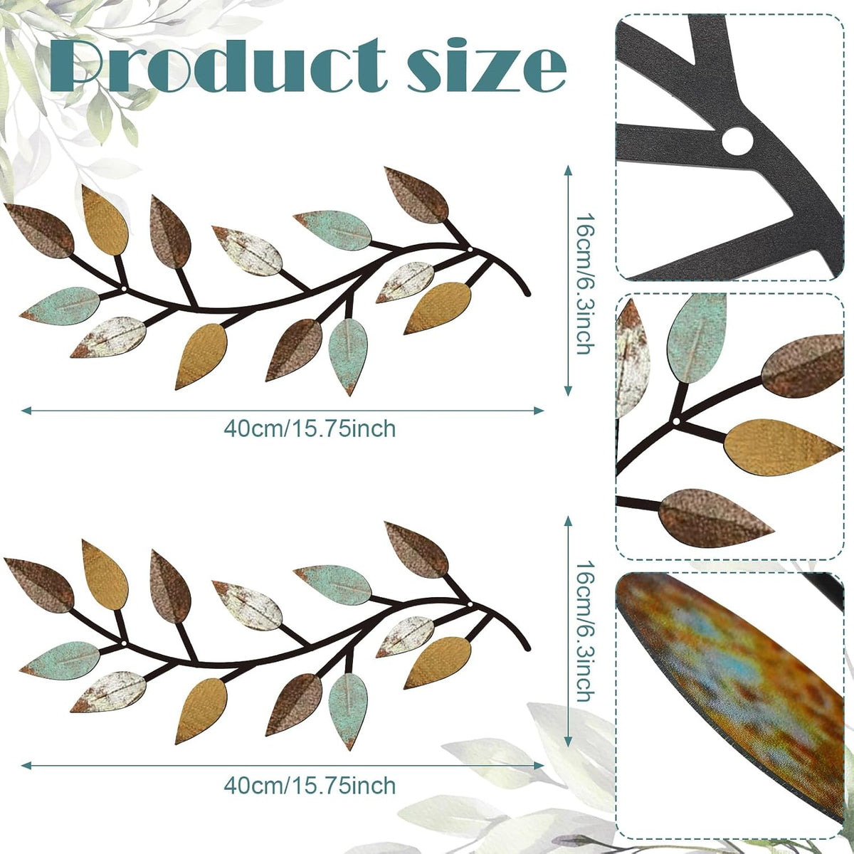 Zhengmy 2 Pcs Metal Leaf Wall Art Vine Branch Decor,Bright Colors